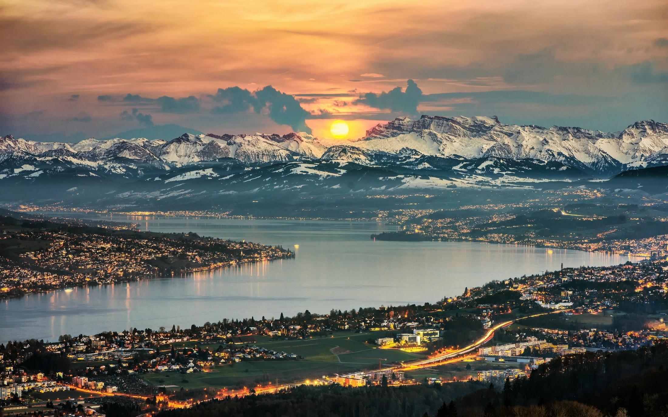 2200x1375 #lights, #snowy peak, #clouds, #cityscape, #mountains, #Switzerland, #nature, #panoramas, #lake, #Zurich, #sky, #landscape, wallpaper. Mocah HD Wallpaper