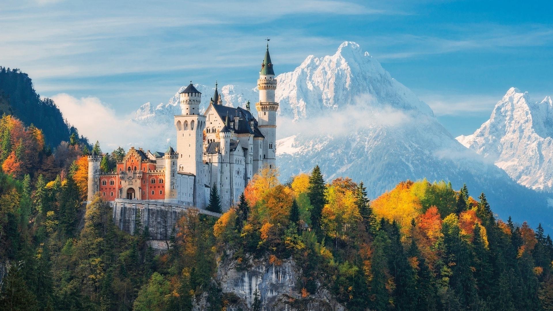1920x1080 autumn, germany, snow, mountains, houses, nature, castle, sky