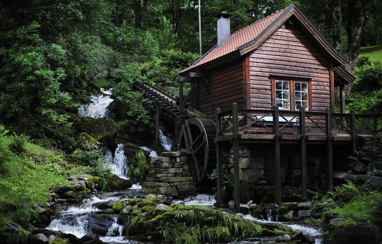 1332x850 Wallpaper forest, house, river, mill image for desktop, section пейзажи