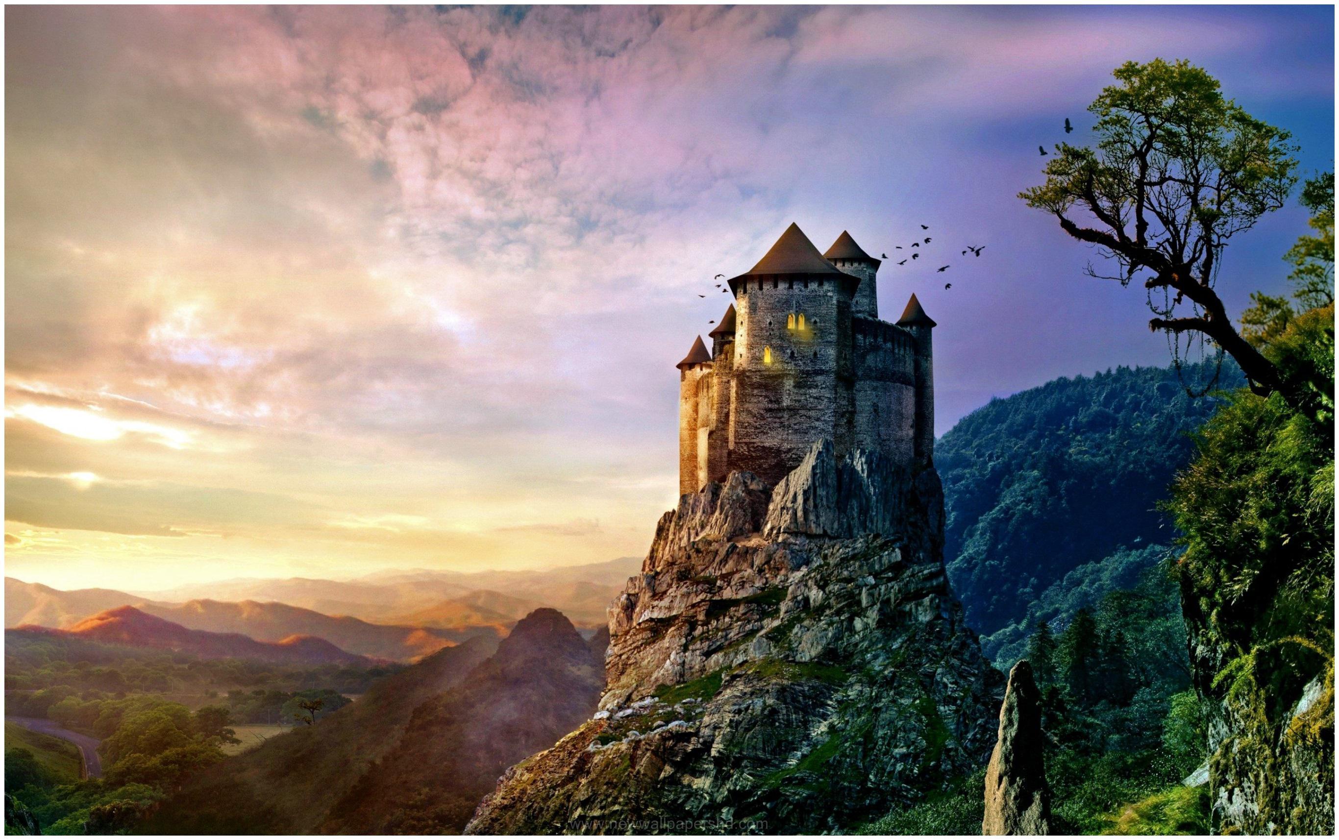 2732x1714 Type background. wallpaper on the desktop. Castle in the mountains