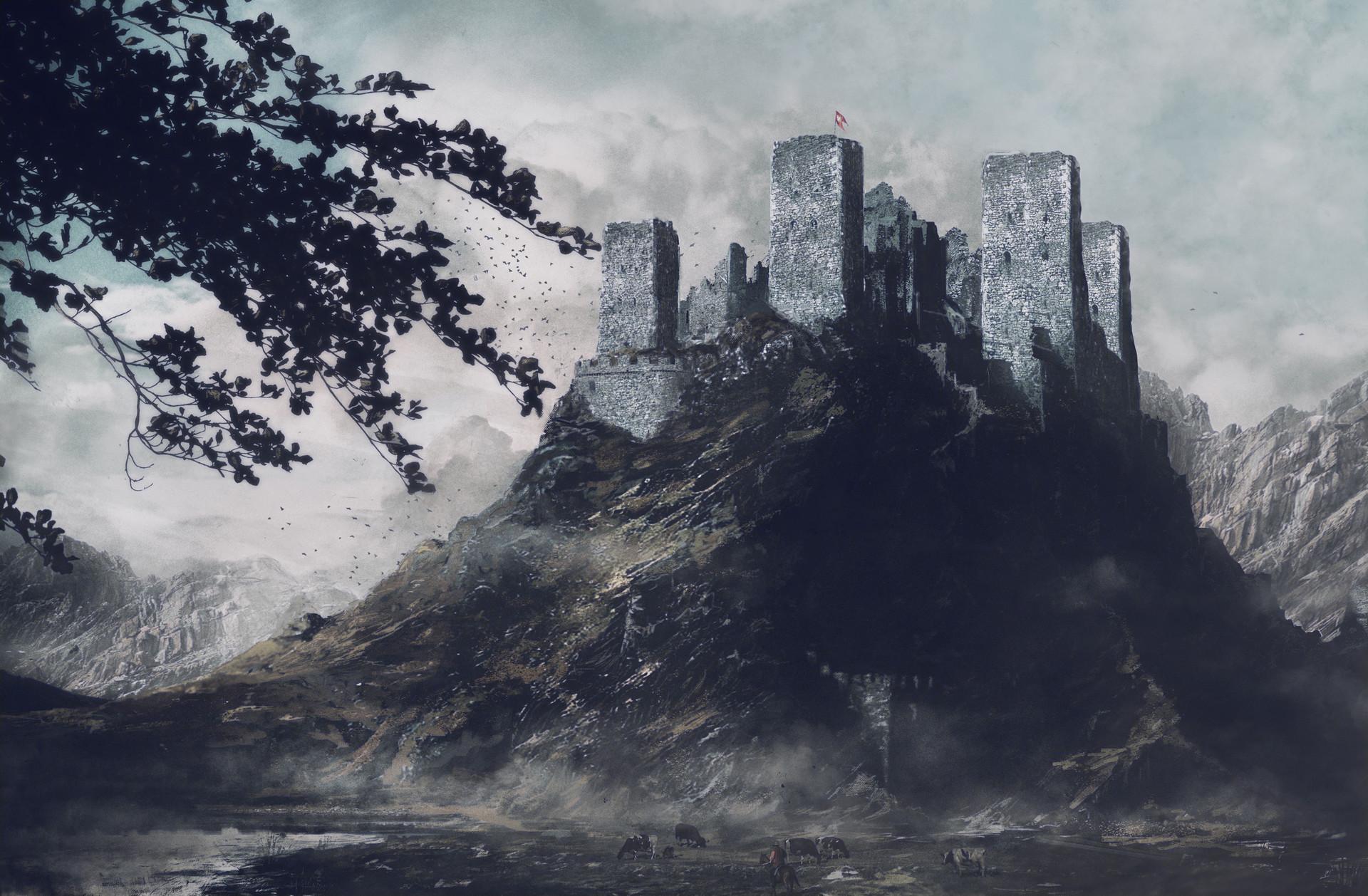1920x1258 Mountain, Castle, Fog, Ruin, Cow wallpaper