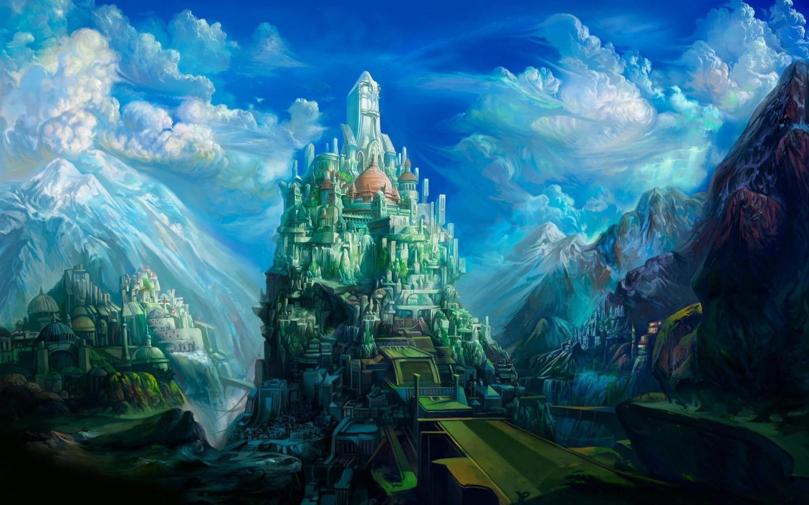 1600x1000 mountains, digital art, fantasy art, rock, artwork, clouds, hills, castle, tower, dome, Terrain, screenshot, computer wallpaper. Mocah HD Wallpaper