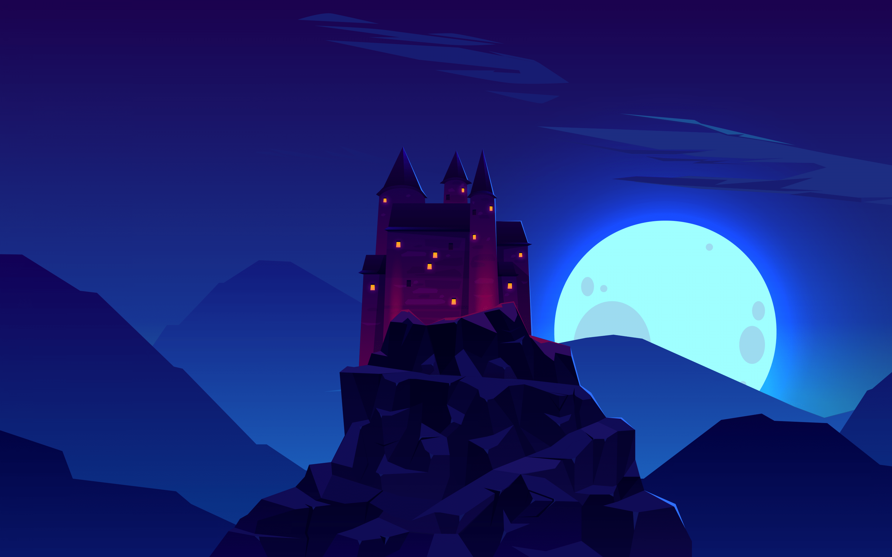 2880x1800 Download 2880x1800 Castle, Moon, Mountains, Flat Art, Minimal Design Wallpaper for MacBook Pro 15 inch