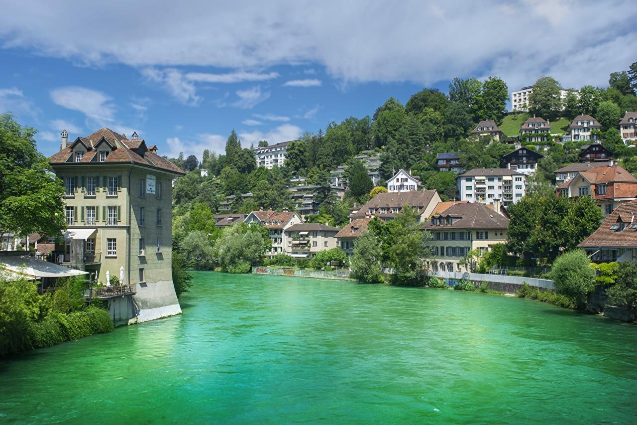 1280x853 Desktop Wallpaper Bern Switzerland Aare river Trees Houses Cities