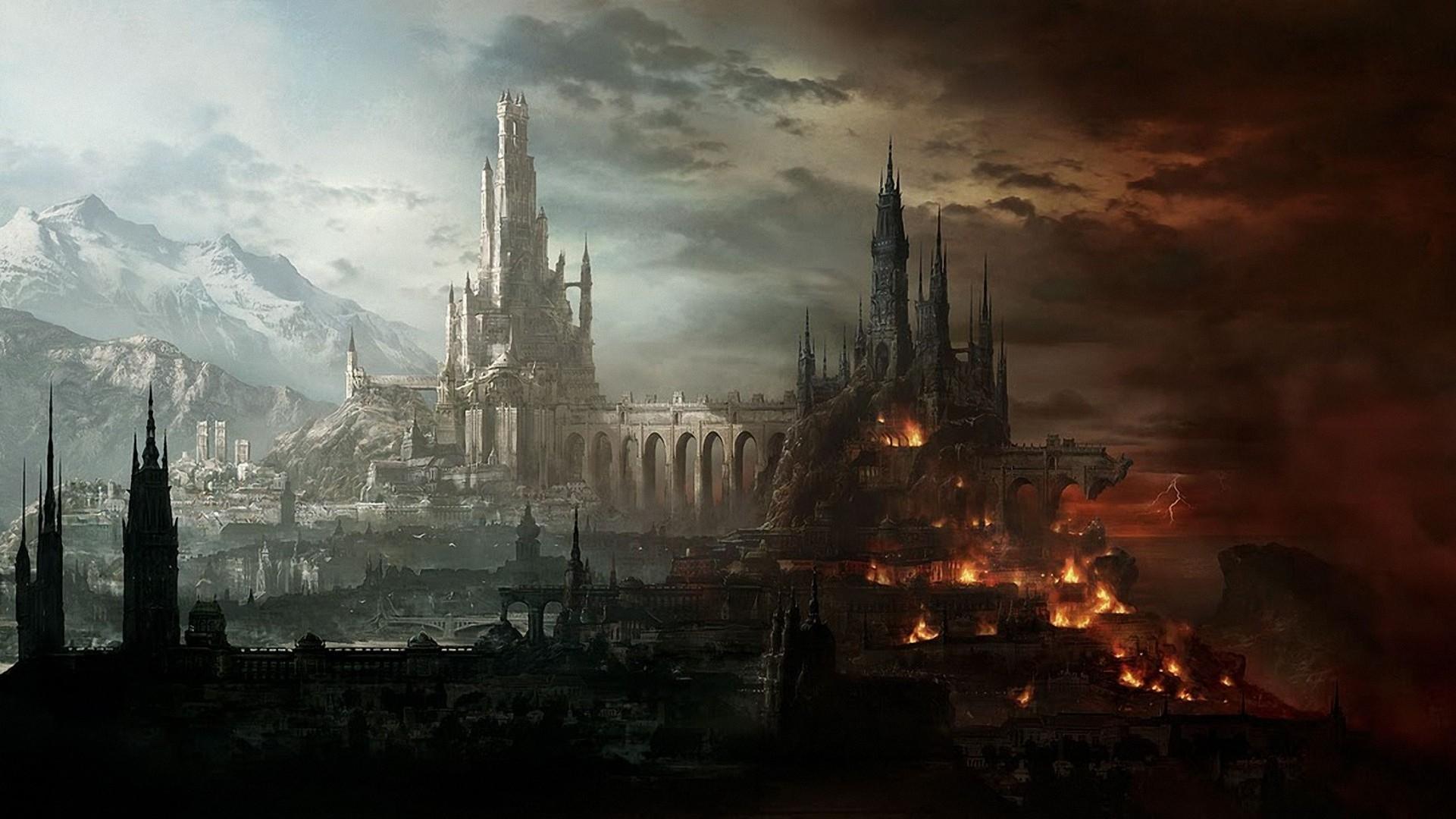 1921x1080 castle, Fantasy Art, Fire, Mountain Wallpaper HD / Desktop and Mobile Background
