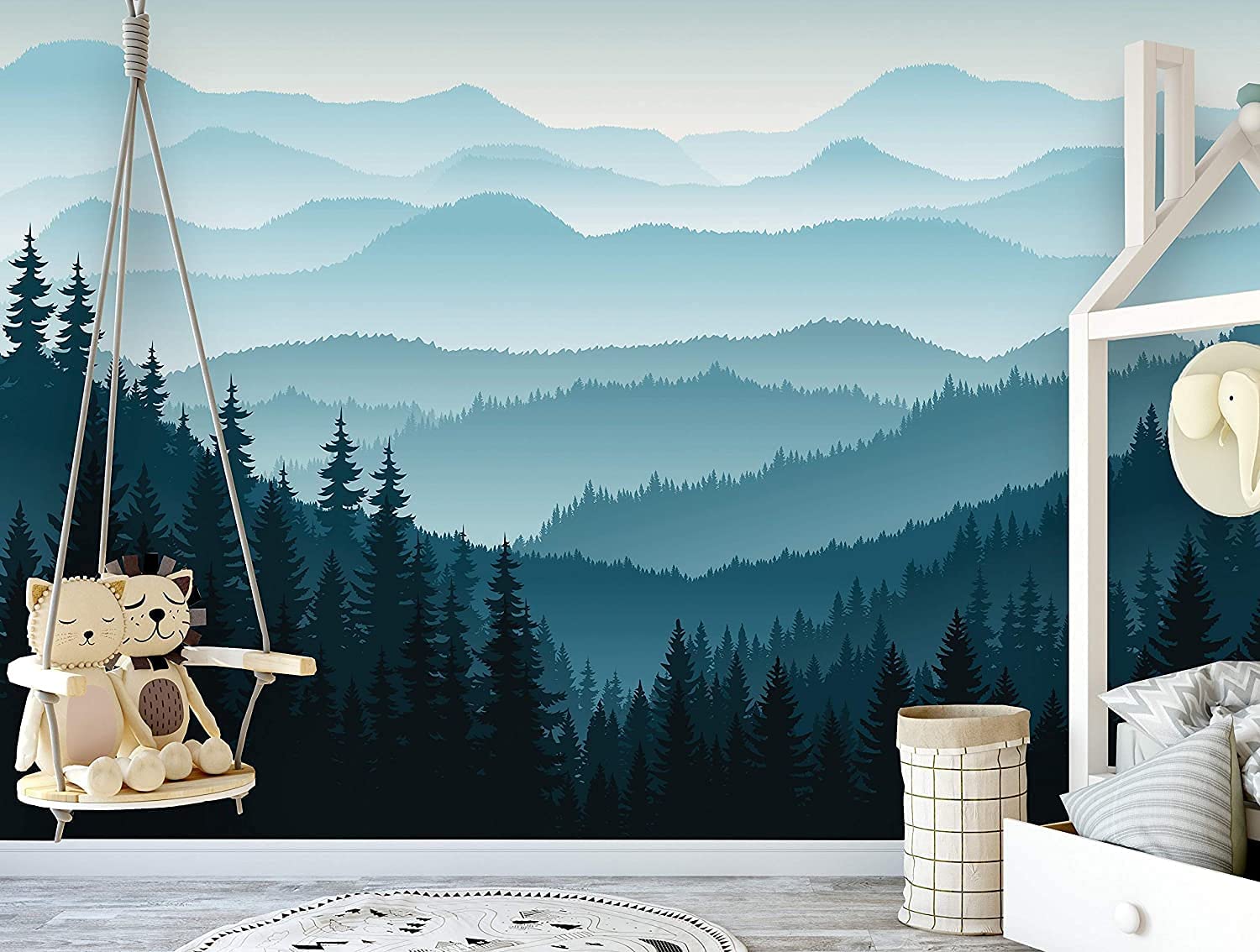 1500x1134 Removable Peel 'n Stick Wallpaper, Self Adhesive Wall Mural, 3D Mountain Mural Wallpaper, Nursery • Ombre Blue Mountain Pine Forest Trees (Sample 6 X 8) : Tools & Home Improvement