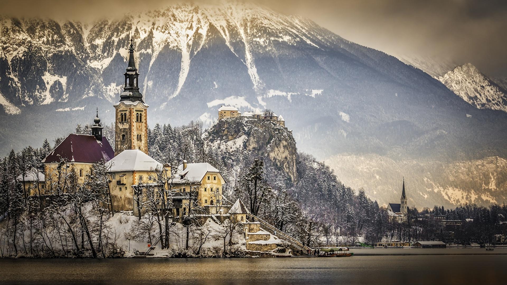 1920x1080 image Alps Slovenia Lake Bled, Bled castle Crag Winter 1920x1080