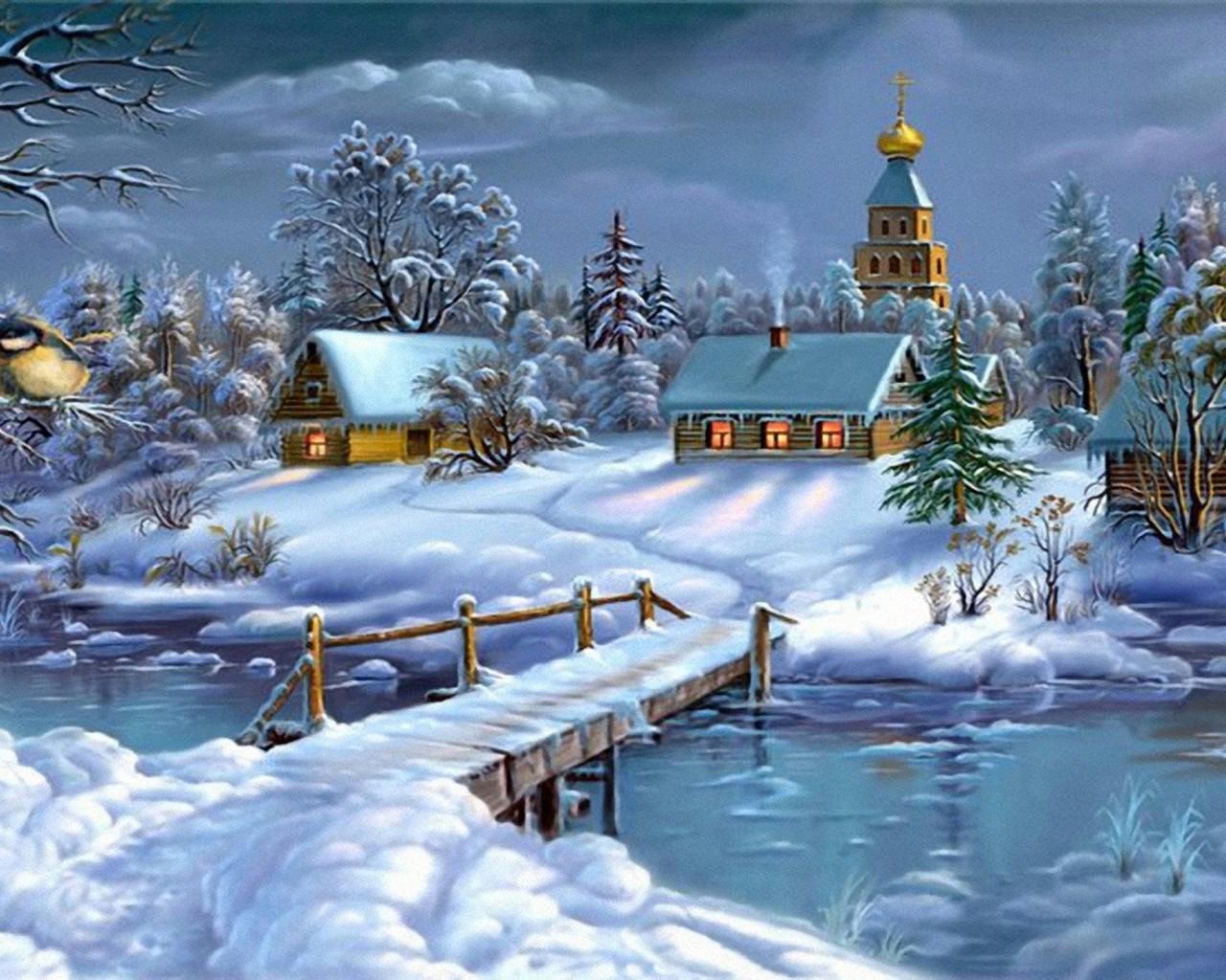 1280x1024 Download Wallpaperlandscape, Winter, Frozen River House, Trees With Snow 09464 :