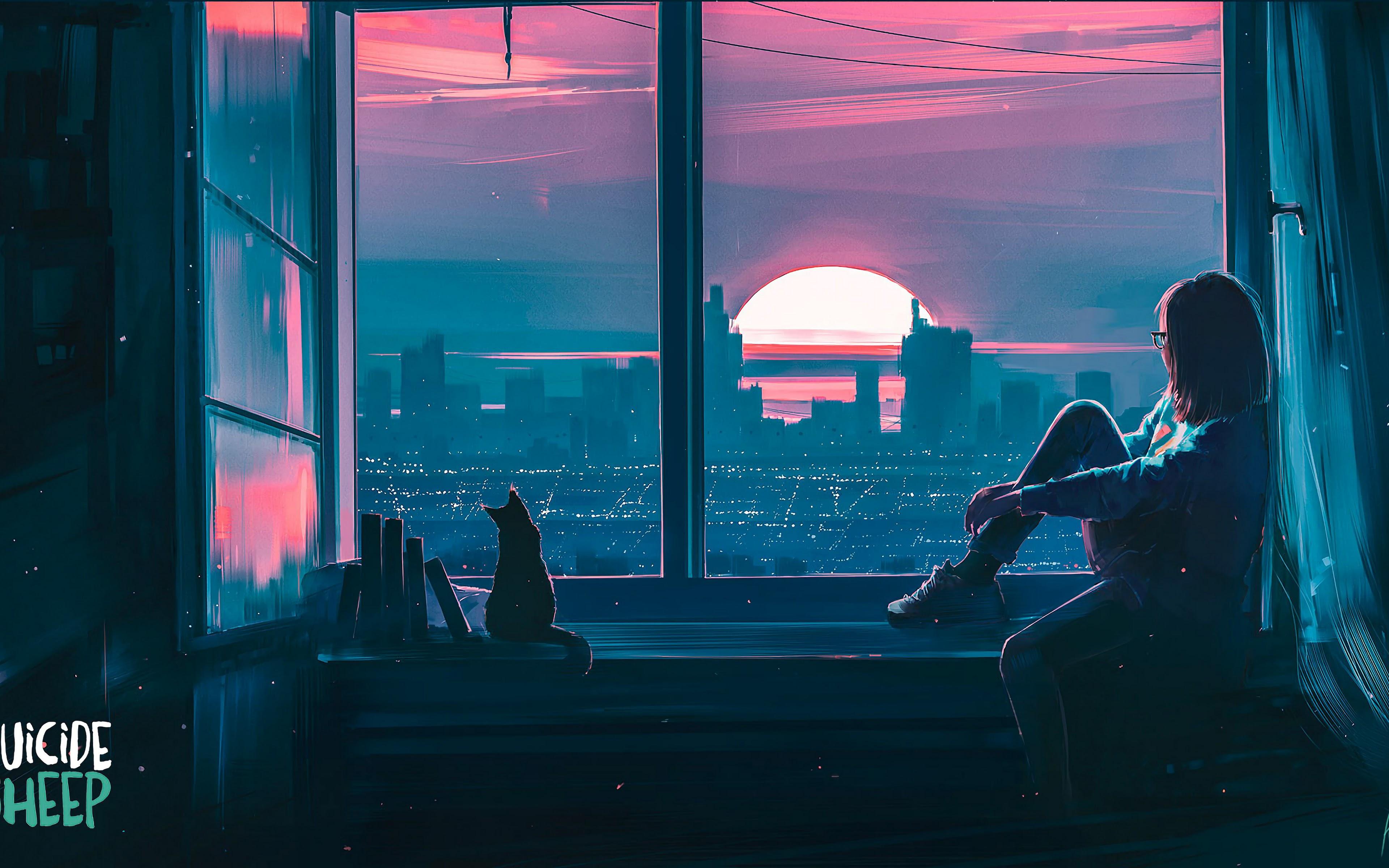3840x2400 Anime Girl Cat City Scenery 4K Wallpaper