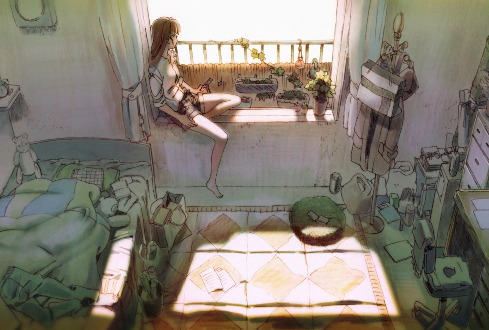 1600x1080 Desktop Wallpaper Anime Girl In Bedroom, Sitting, HD Image, Picture, Background, Eo6rqg