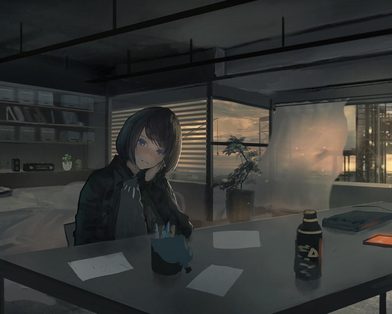 1280x1024 Wallpaper anime, anime girls, dark, room, sitting, interior • Wallpaper For You HD Wallpaper For Desktop & Mobile