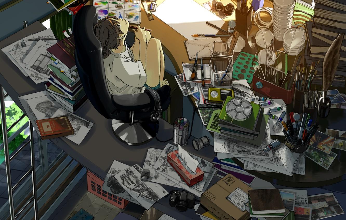 1332x850 Wallpaper cat, girl, smile, room, paint, books, anime, headphones, player, the camera, drawings, art image for desktop, section арт