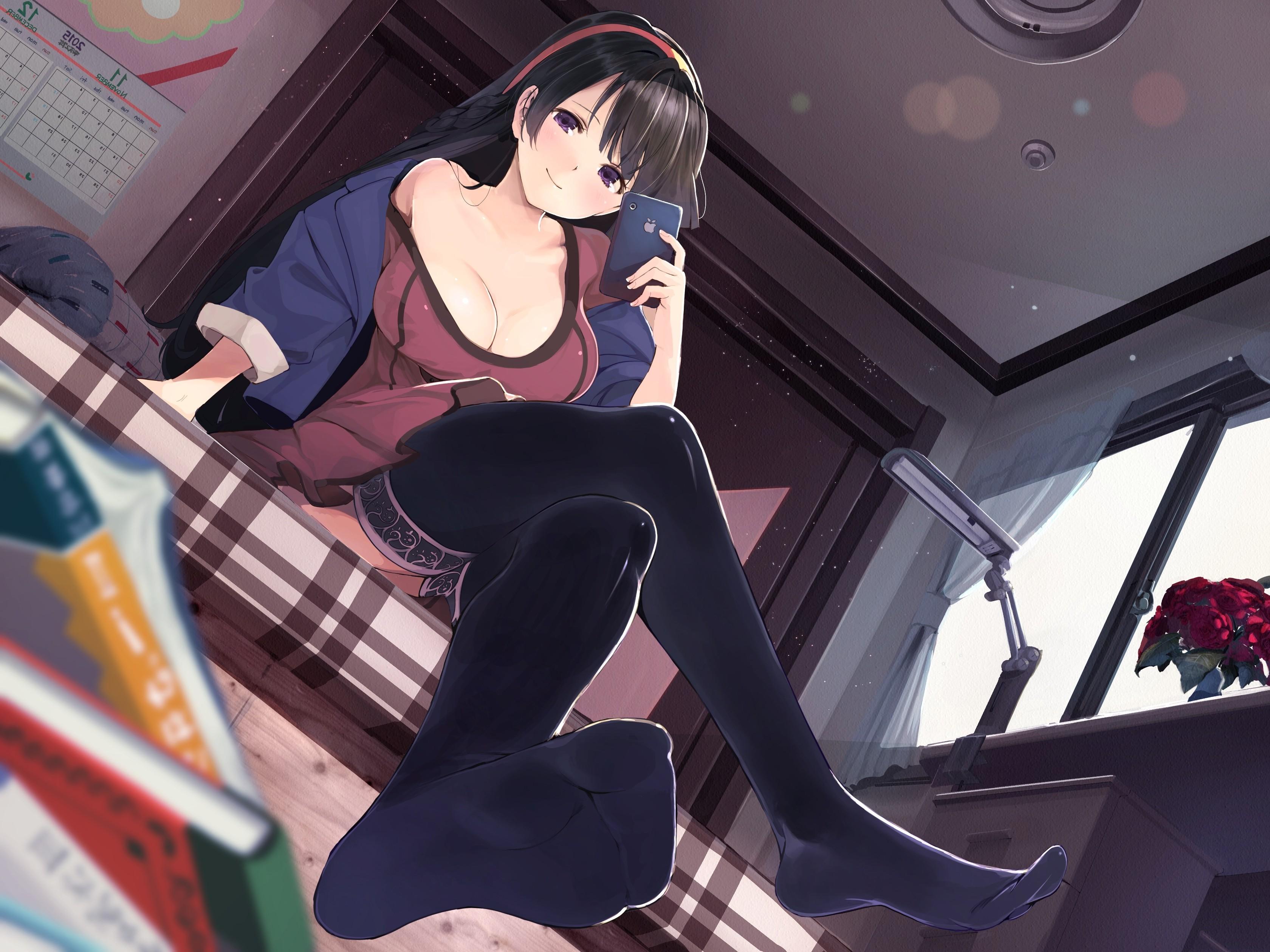 3360x2520 original characters cleavage anime anime girls bedroom thigh highs wallpaper