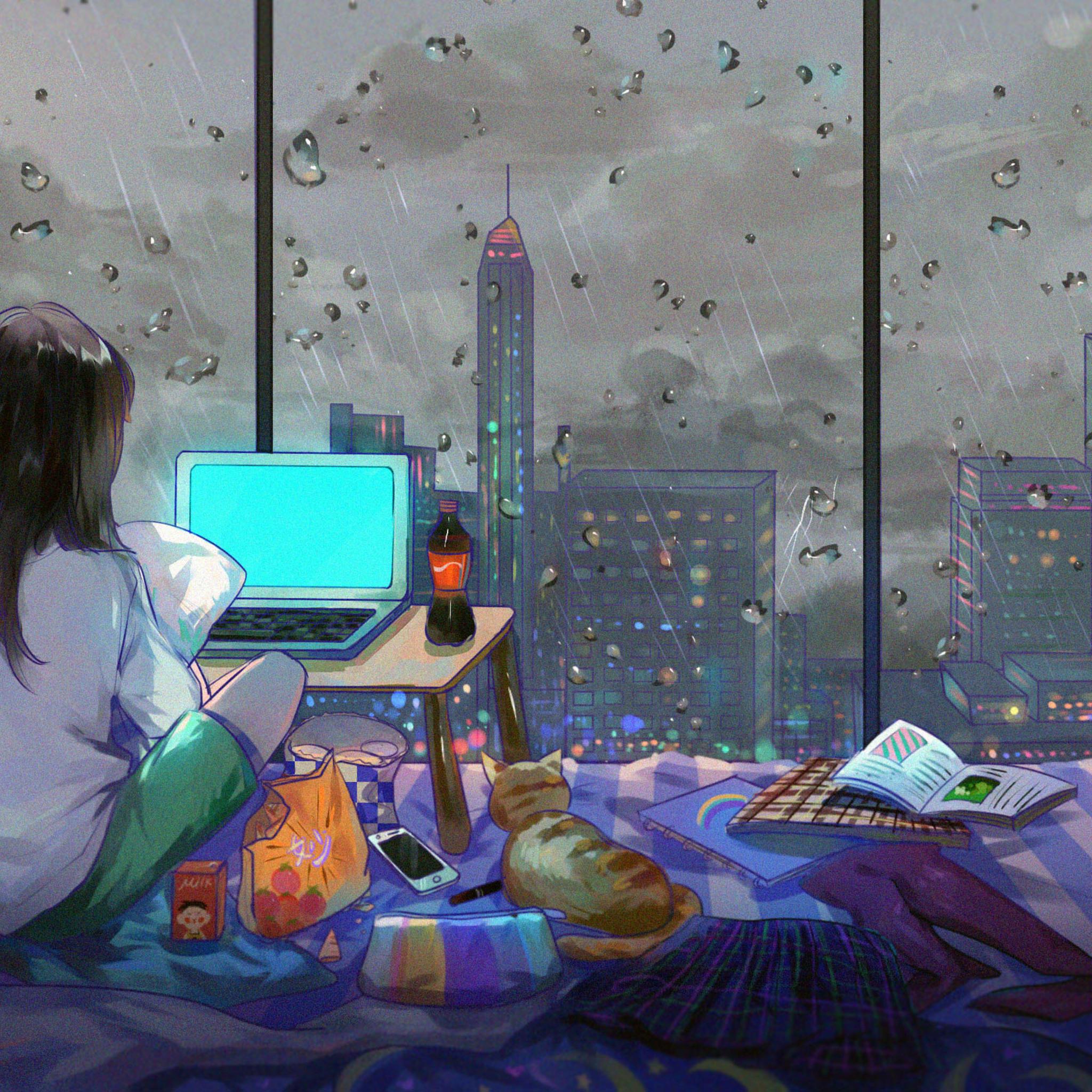 2048x2048 Anime Girl Room City Cat iPad Air HD 4k Wallpaper, Image, Background, Photo and Picture