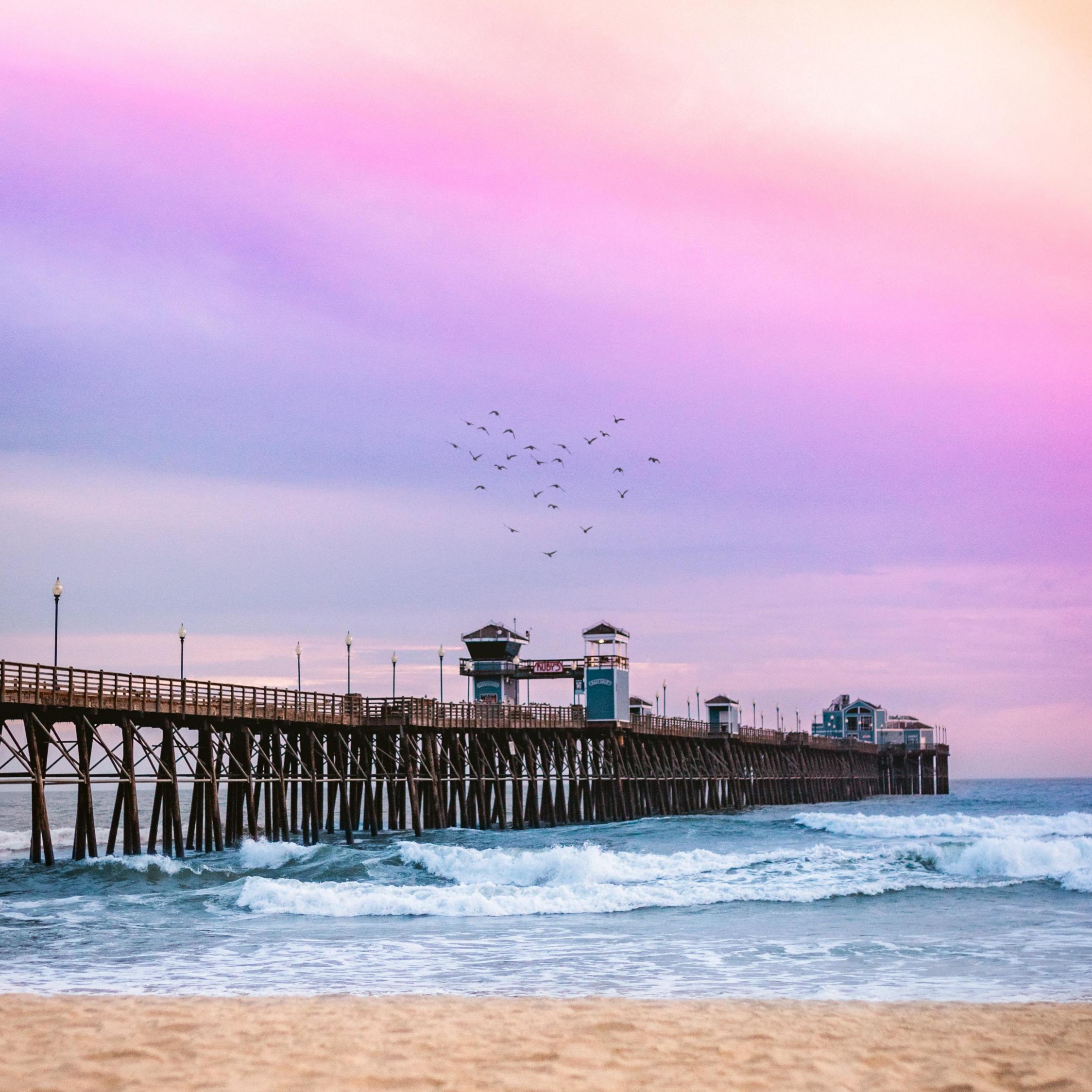 2248x2248 Download 2248x2248 wallpaper pier, calm beach, pink sky, sunset, nature, ipad air, ipad air ipad ipad ipad mini ipad mini 2248x2248 HD image, background, 25729
