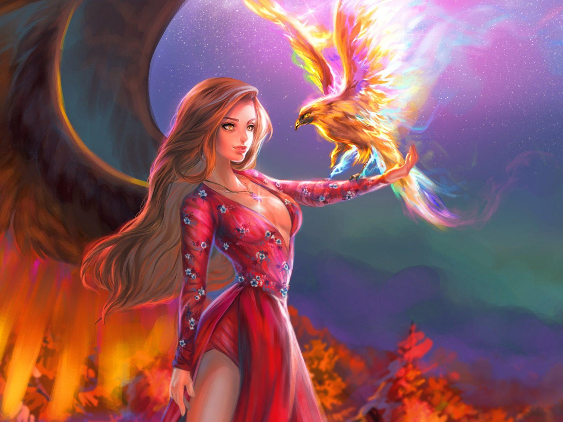 1920x1440 Mythology fantasy girl with a phoenix bird which is cyclically regenerating or being born again HD Wallpaper for Desktop :