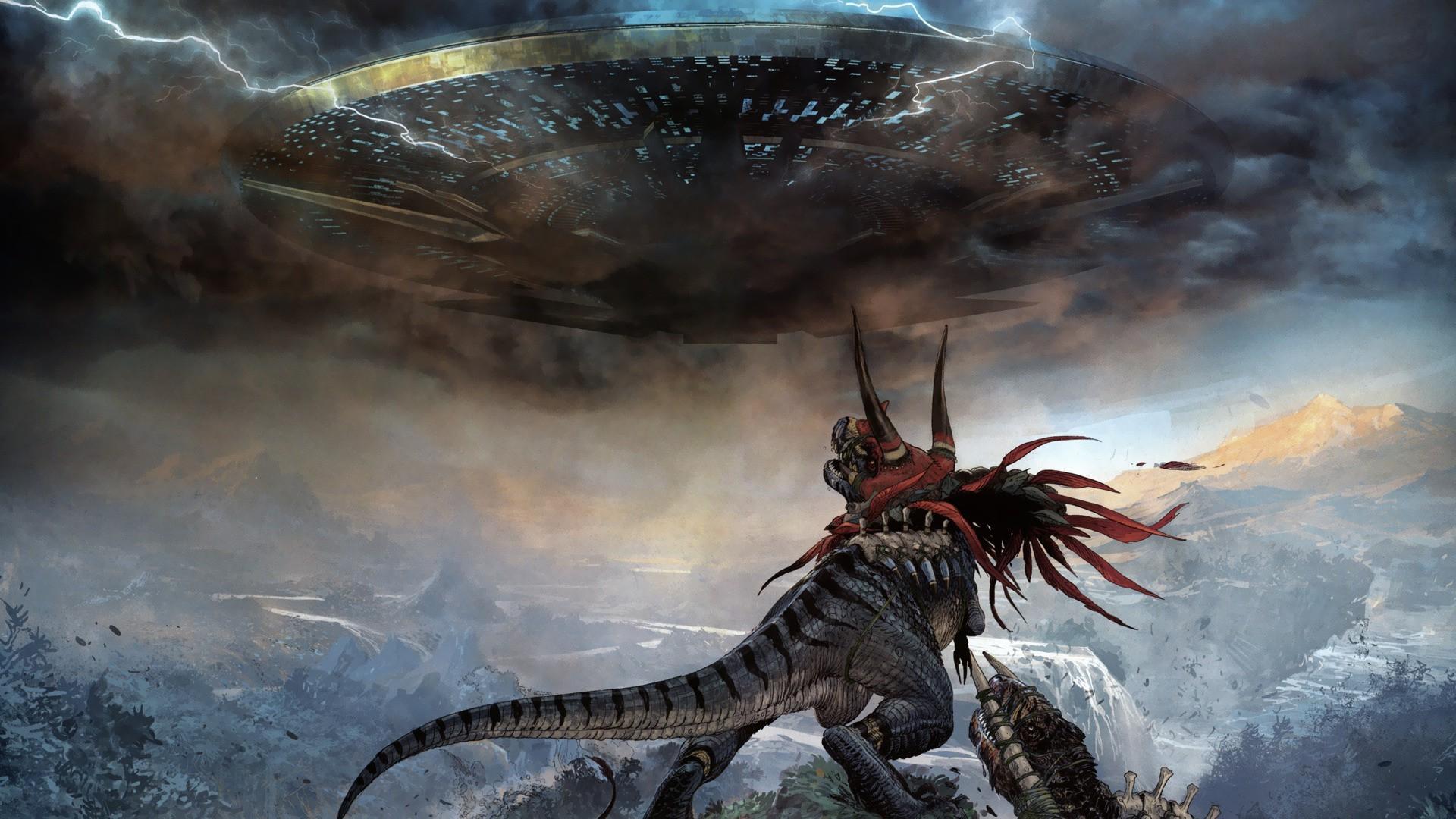 1920x1080 #aliens, #artwork, #fantasy art, #Grant Morrison, #Space Invaders, # Dinosaurs Vs. Aliens, #concept art, #digital art, #dinosaurs, wallpaper. Mocah HD Wallpaper