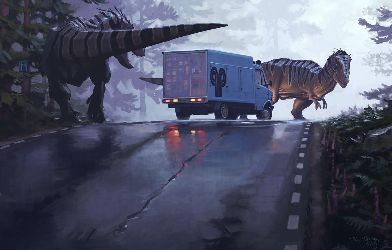 1332x850 Wallpaper road, forest, trees, danger, predators, art, artist, van, dinosaurs, is, car, Simon Stålenhag, Simon Stelenhag image for desktop, section фантастика