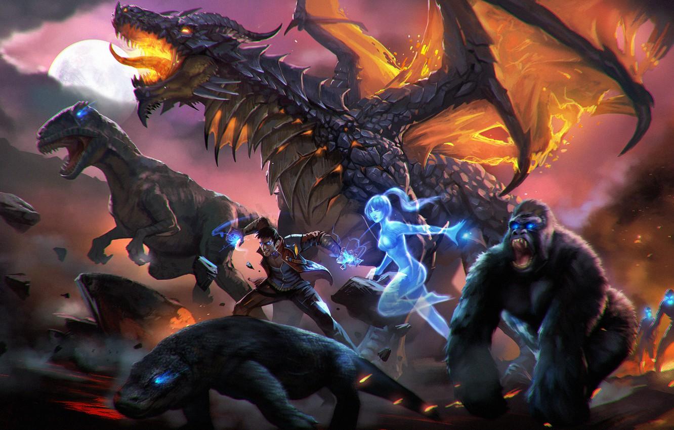 1332x850 Wallpaper dragon, dinosaur, gorilla, art, dinosaur image for desktop, section фантастика