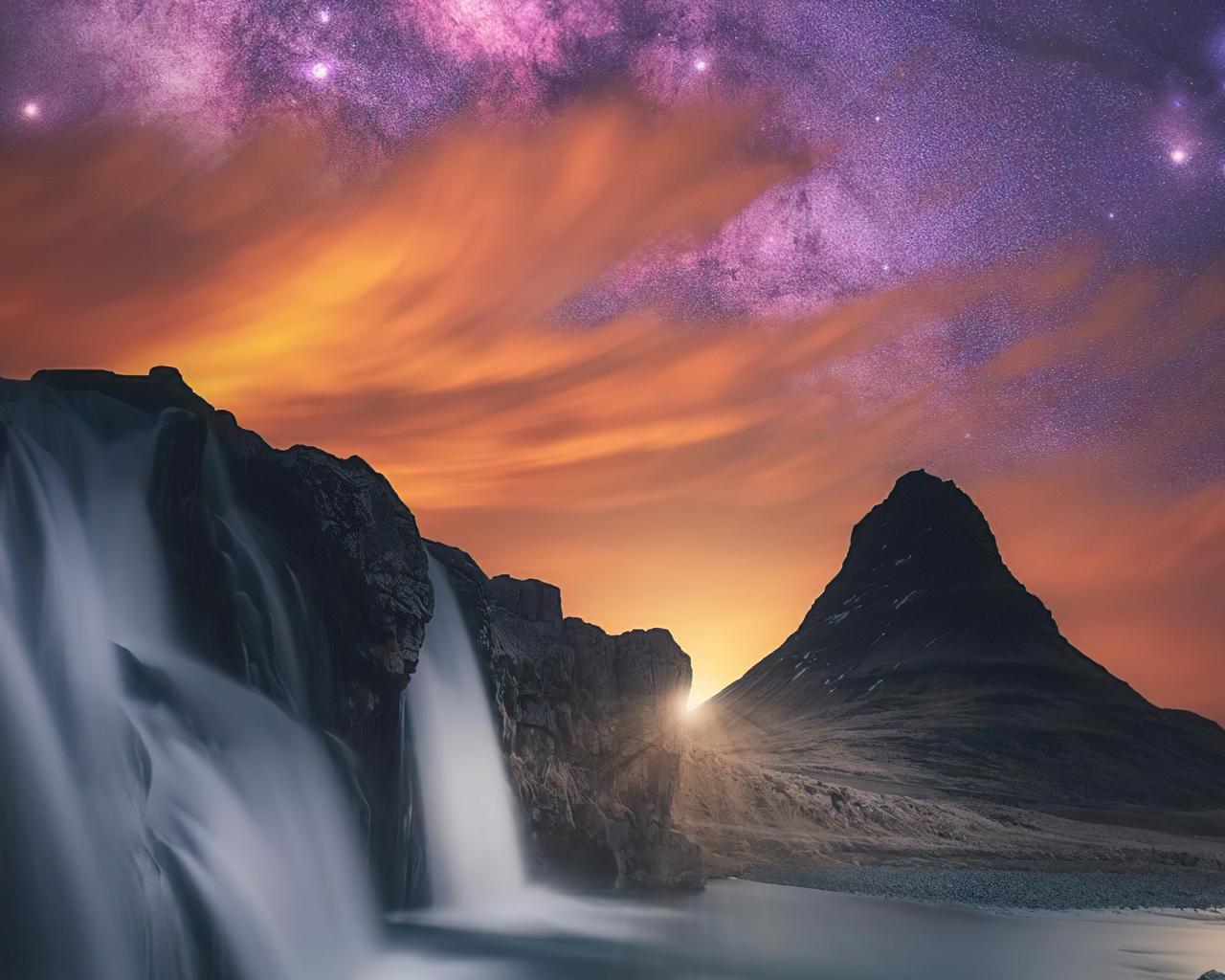 1280x1024 Waterfall Glowing Sky Stars Mountains 5k 1280x1024 Resolution HD 4k Wallpaper, Image, Background, Photo and Picture