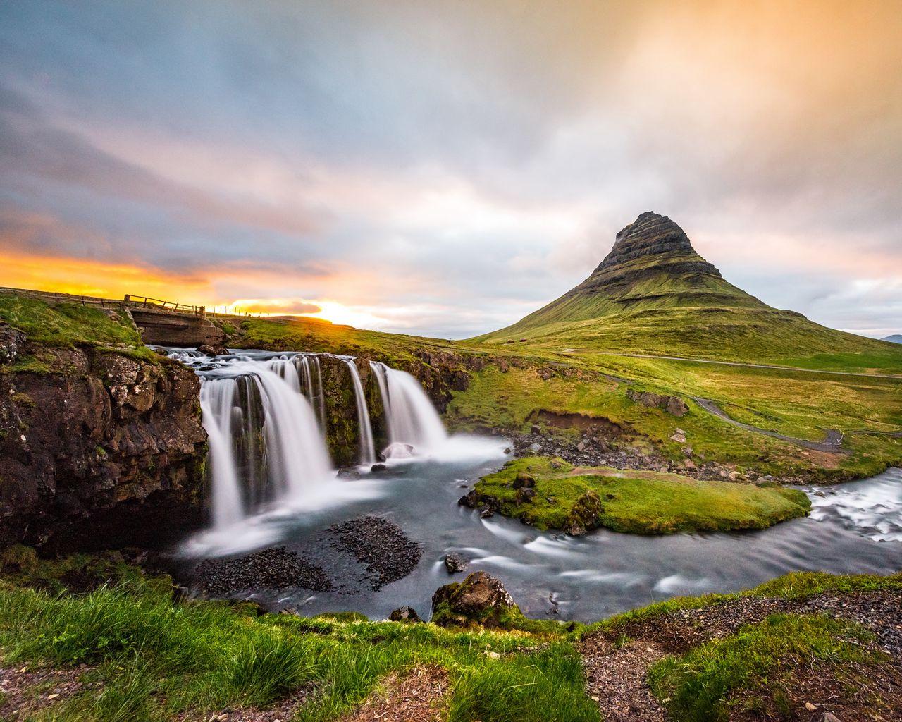 1280x1024 Download wallpaper 1280x1024 waterfall, river, nature, sunset standard 5:4 HD background