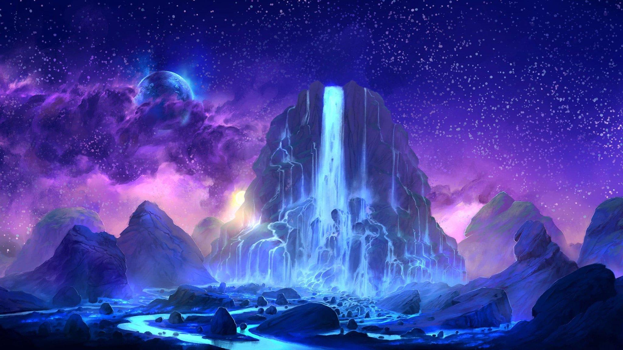 2048x1152 Mountain and waterfall wallpaper, digital art, fantasy art • Wallpaper For You HD Wallpaper For Desktop & Mobile