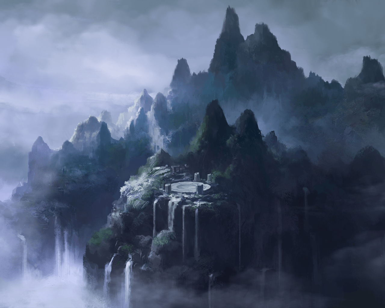 1280x1024 Download 1280x1024 Fantasy Landscape, Waterfall, Mountains, Foggy, Clouds Wallpaper
