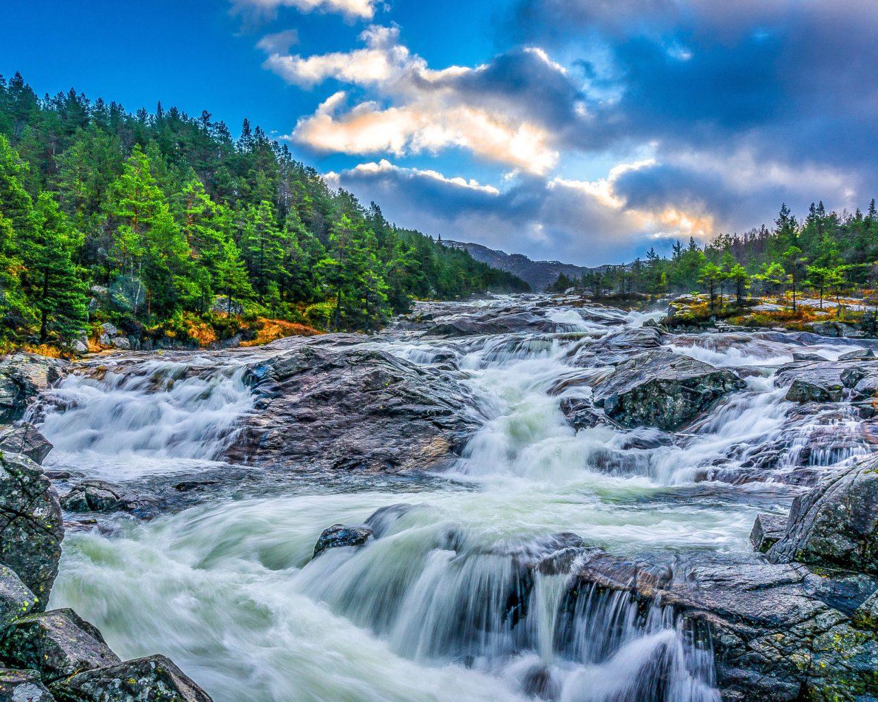 1280x1024 Mountain River Waterfall Riverbed With Rocks And Green Forest With Pine Trees Sky With Cloud Wallpaper For Desktop HD 2880x1800 :