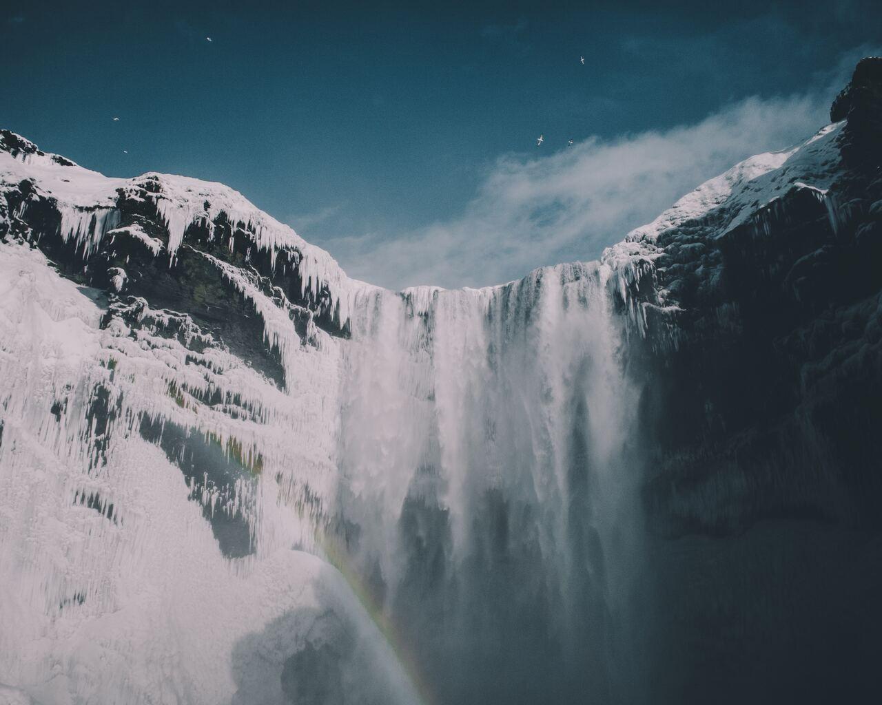 1280x1024 Blue Sky Waterfall Snow Iceland Mountains 1280x1024 Resolution HD 4k Wallpaper, Image, Background, Photo and Picture