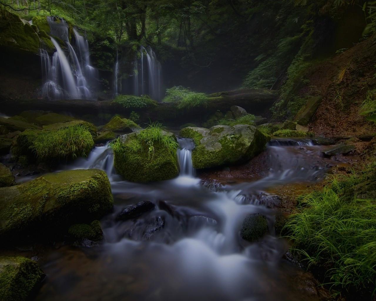1280x1024 Download 1280x1024 Waterfall, Mountains, Sunset, Forest Wallpaper