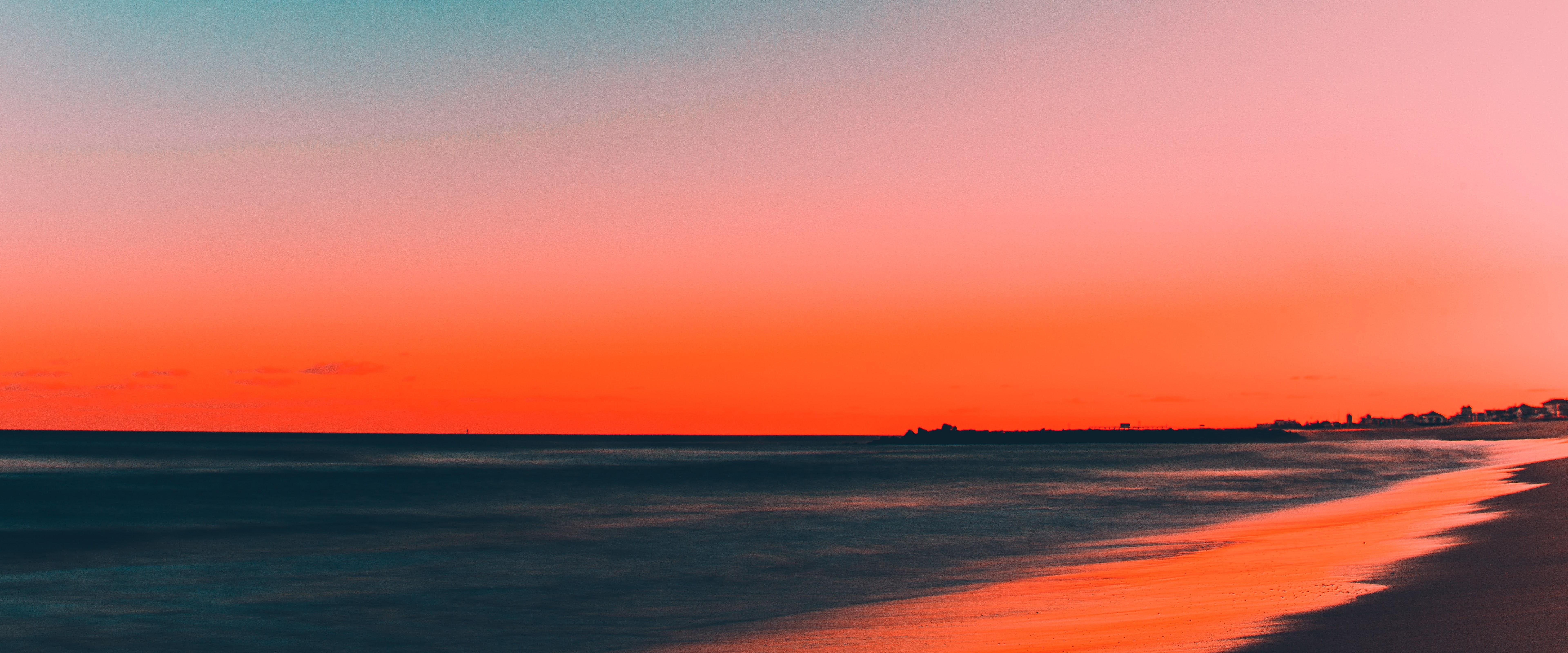 7680x3200 Sunset Beach Sea Horizon Scenery 8K Wallpaper