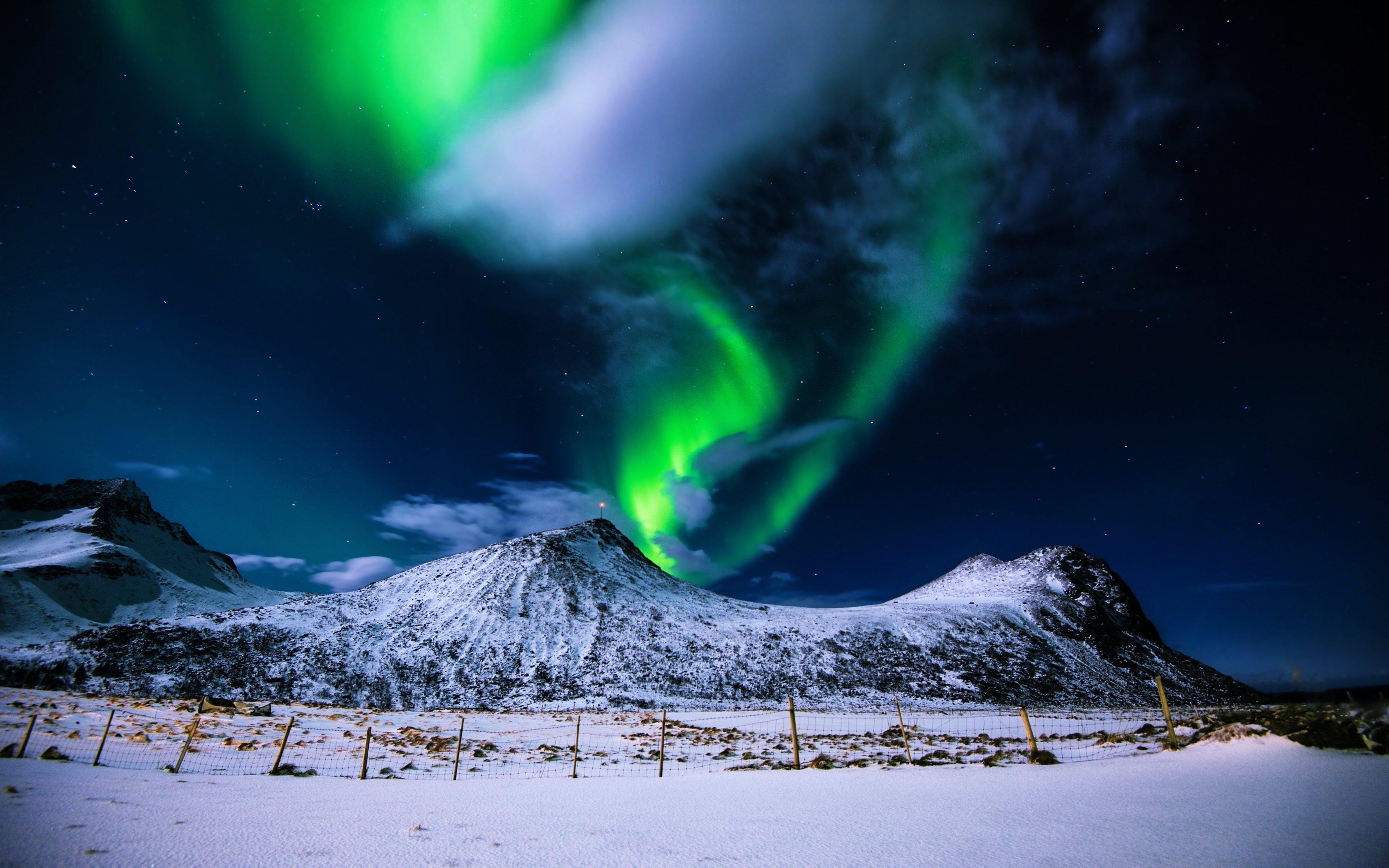 3840x2400 landscapes, Nature, Earth, Cold, Sky, Clouds, Stars, Evening, Snow, Hills, Mountains, White, Aurora, Borealis, Colors, Green, Lights Wallpaper HD / Desktop and Mobile Background