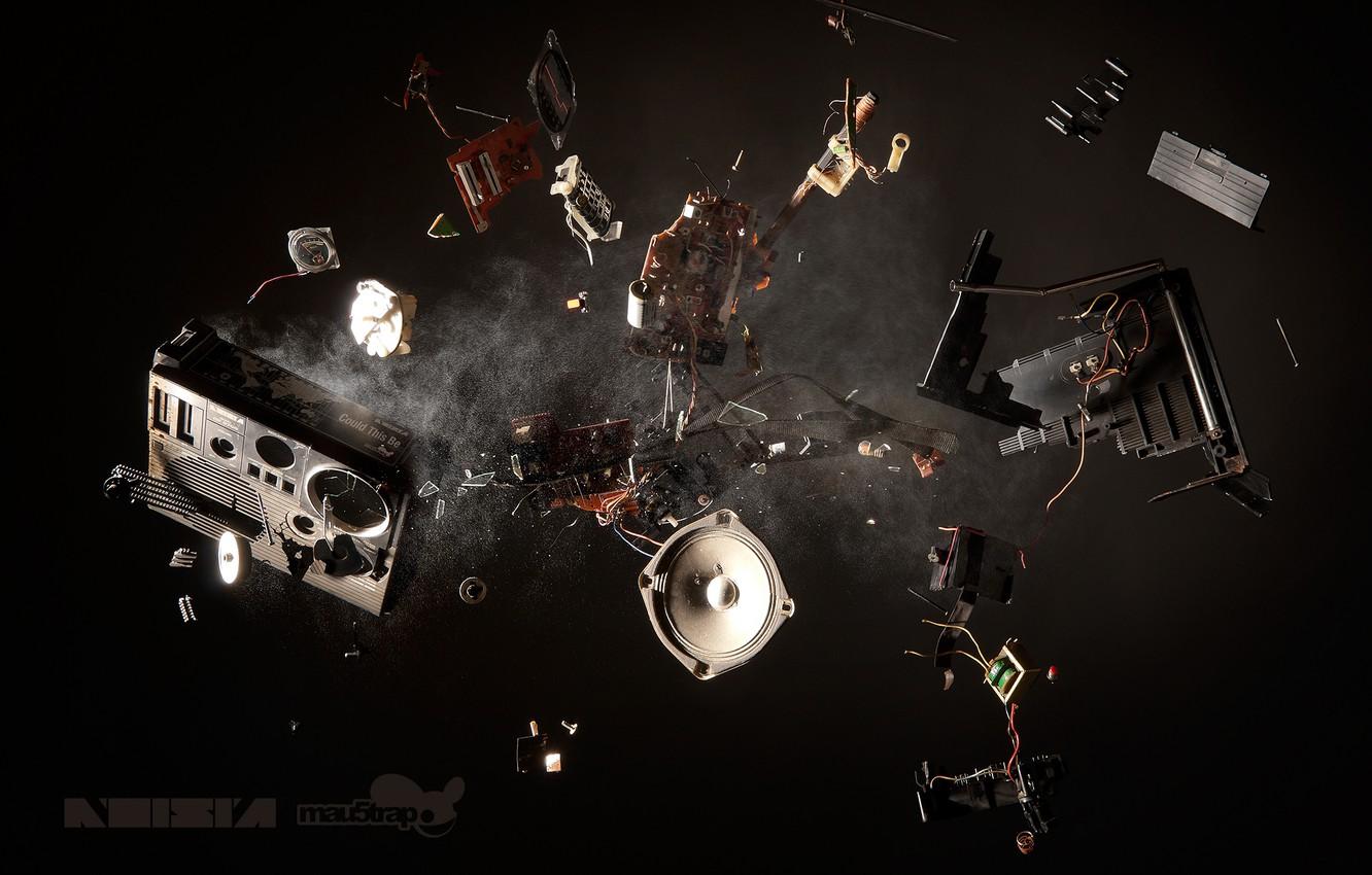 1332x850 Wallpaper the explosion, fragments, music, dust, music, speaker, Noisia, tape, Boombox, radio, Could This Be, CTB, mau5trap, drum &amp; bass image for desktop, section музыка