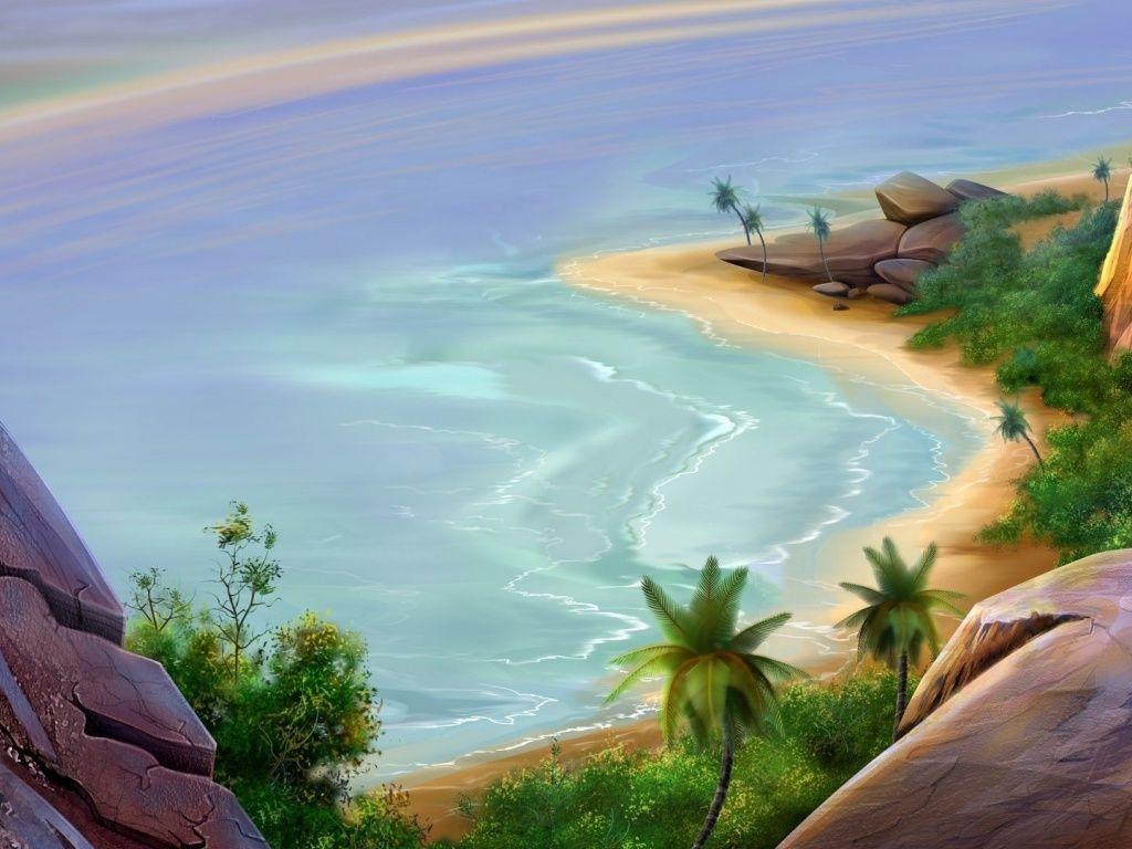 1024x768 Paradise Beach Artwork wallpaper. Beach drawing, Beach artwork, Landscape