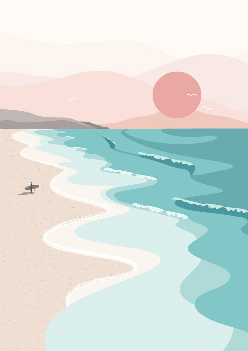 794x1123 Sunset, Surf, Cornwall, St Ives, Sea, Beach, Porthmeor, Art Print, Home and Office, Summer, Holiday. Beach illustration, Surf art, Beach drawing