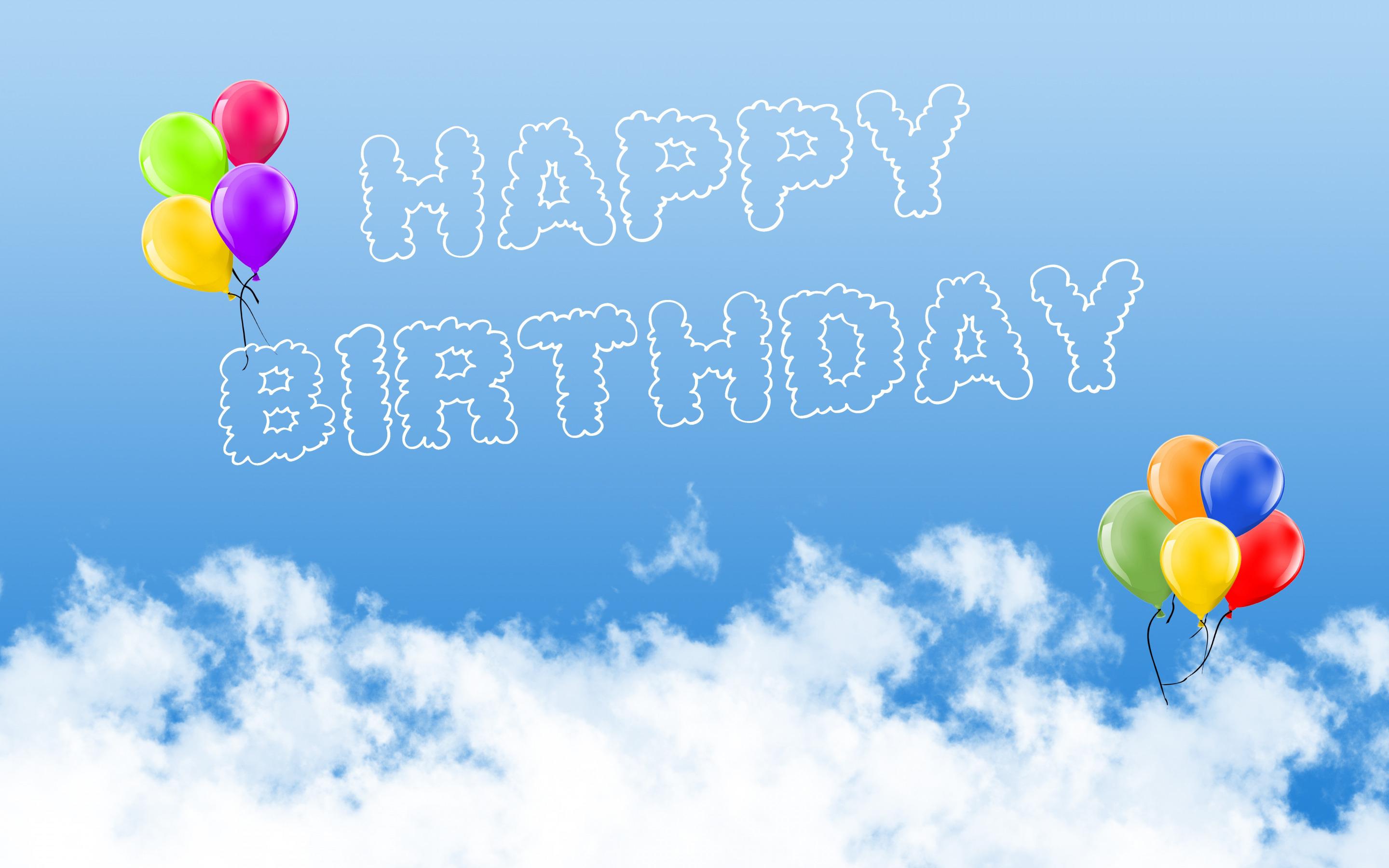 2880x1800 Download wallpaper Happy birthday, blue sky, clouds, colored balloons, birthday greeting card, white clouds for desktop with resolution 2880x1800. High Quality HD picture wallpaper
