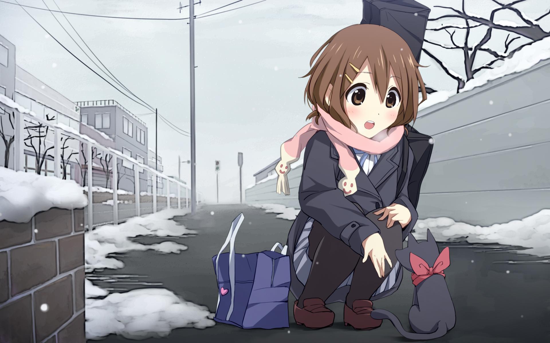 1920x1200 animal, Brown, Eyes, Brown, Hair, Cat, Crossover, Hirasawa, Yui, K on, Kamera ya, Nichijou, Pantyhose, Ribbons, Sakamoto, Scarf, Seifuku, Short, Hair, Snow Wallpaper HD / Desktop and Mobile Background