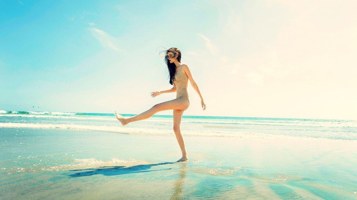 1244x700 Sensuality sensual woman girl model beach sunlight legs sea nature wallpaperx900