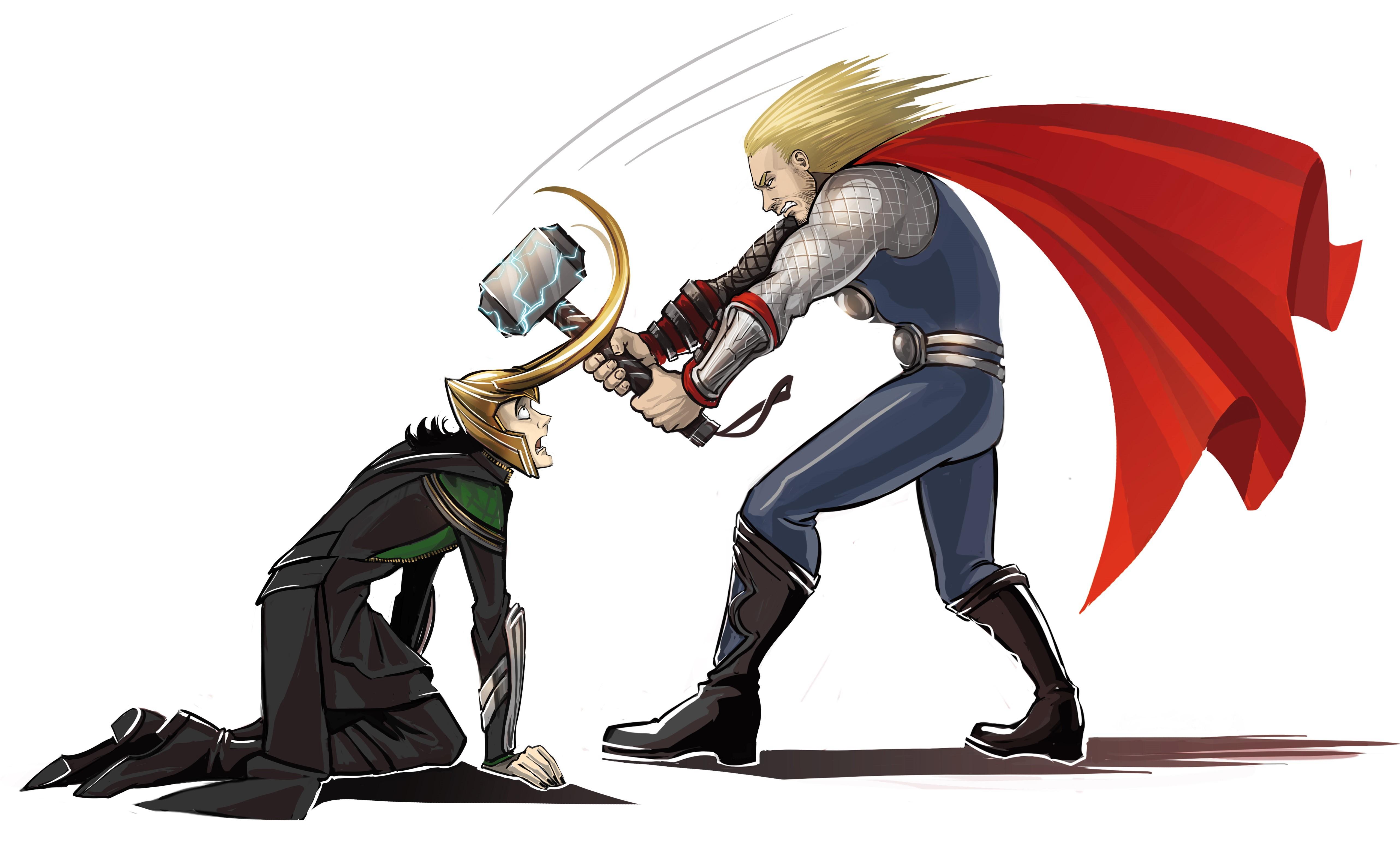 5130x3145 4K, 5K, Loki, Heroes comics, The Avengers (2012 film), Thor hero, Two, Cloak, White background, Fan ART. Mocah HD Wallpaper