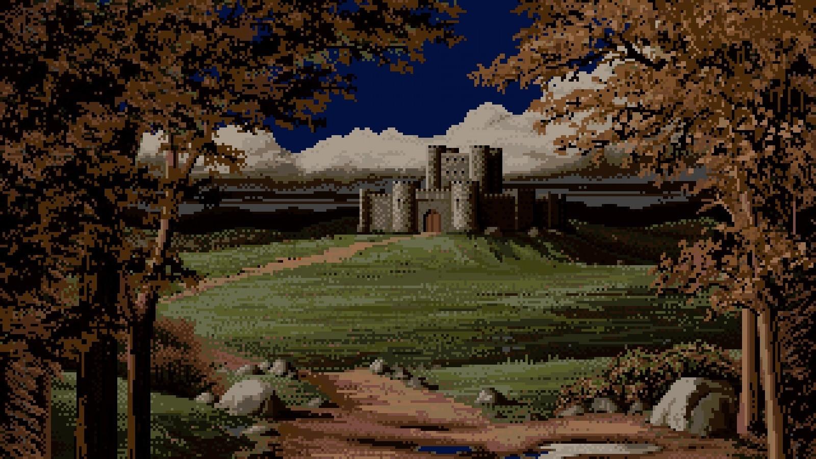 1600x900 trees, landscape, garden, pixel art, clouds, hills, castle, pixels, blossom, ruins, tree, autumn, leaf, flower, plant, season, rural area. Mocah HD Wallpaper