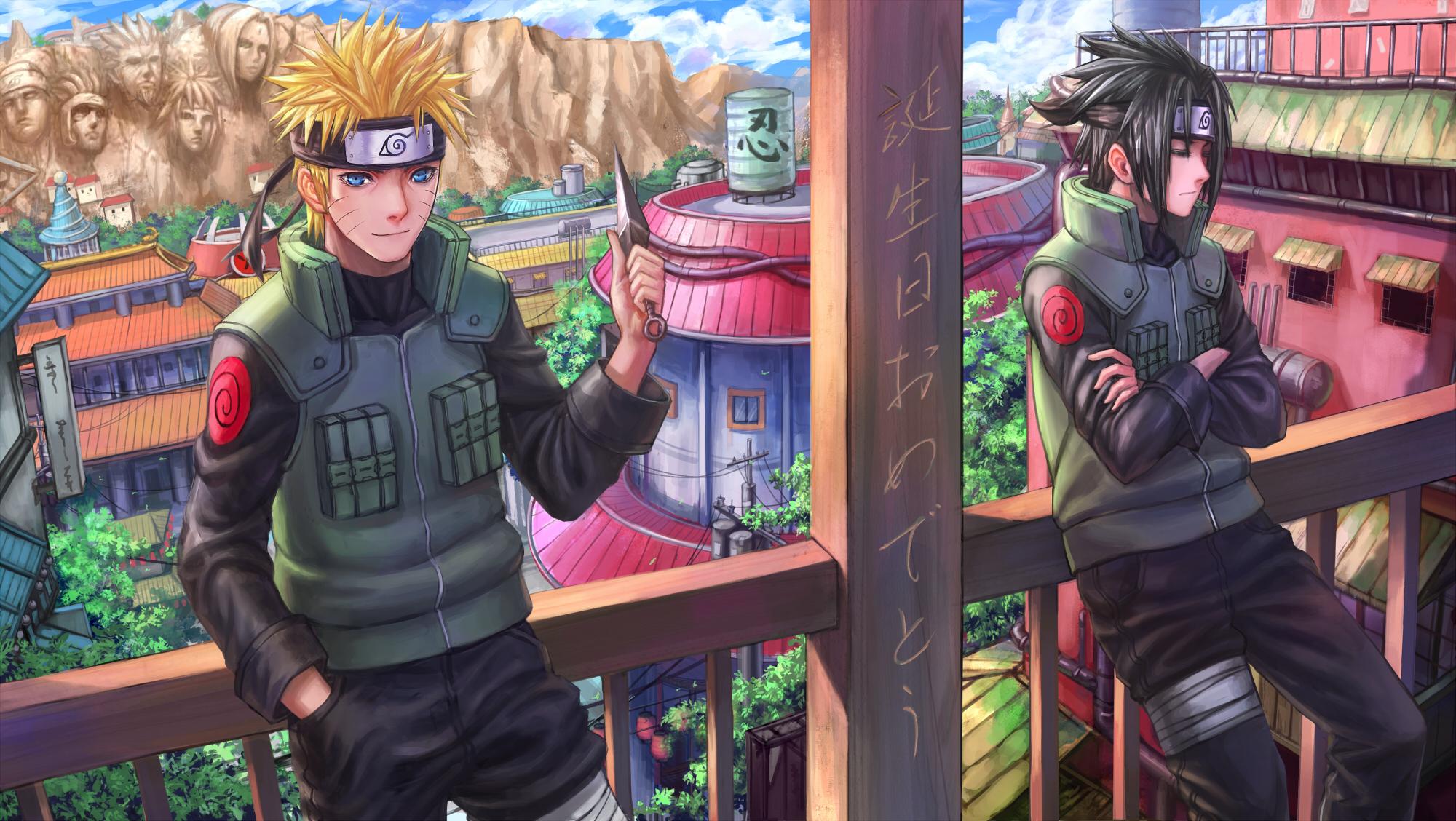 2000x1128 naruto, Shippuden, Black, Hair, Blonde, Hair, Blue, Eyes, Building, City, Headband, Male, Naruto, Naruto, Shippuden, Ninja, Uchiha, Sasuke, Uniform, Uzumaki, Naruto, Weapon, Zhouran Wallpaper HD / Desktop and Mobile Background