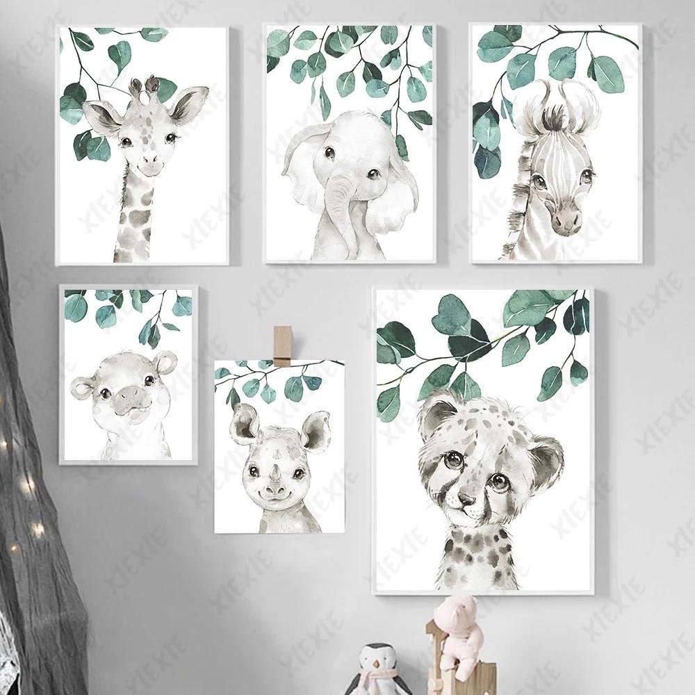 1000x1000 Fresh Green Leaf Animal Poster Wallpaper Cute Elephant Giraffe Nordic Canvas Painting Print Picture Craft for Home Decoration. Painting & Calligraphy