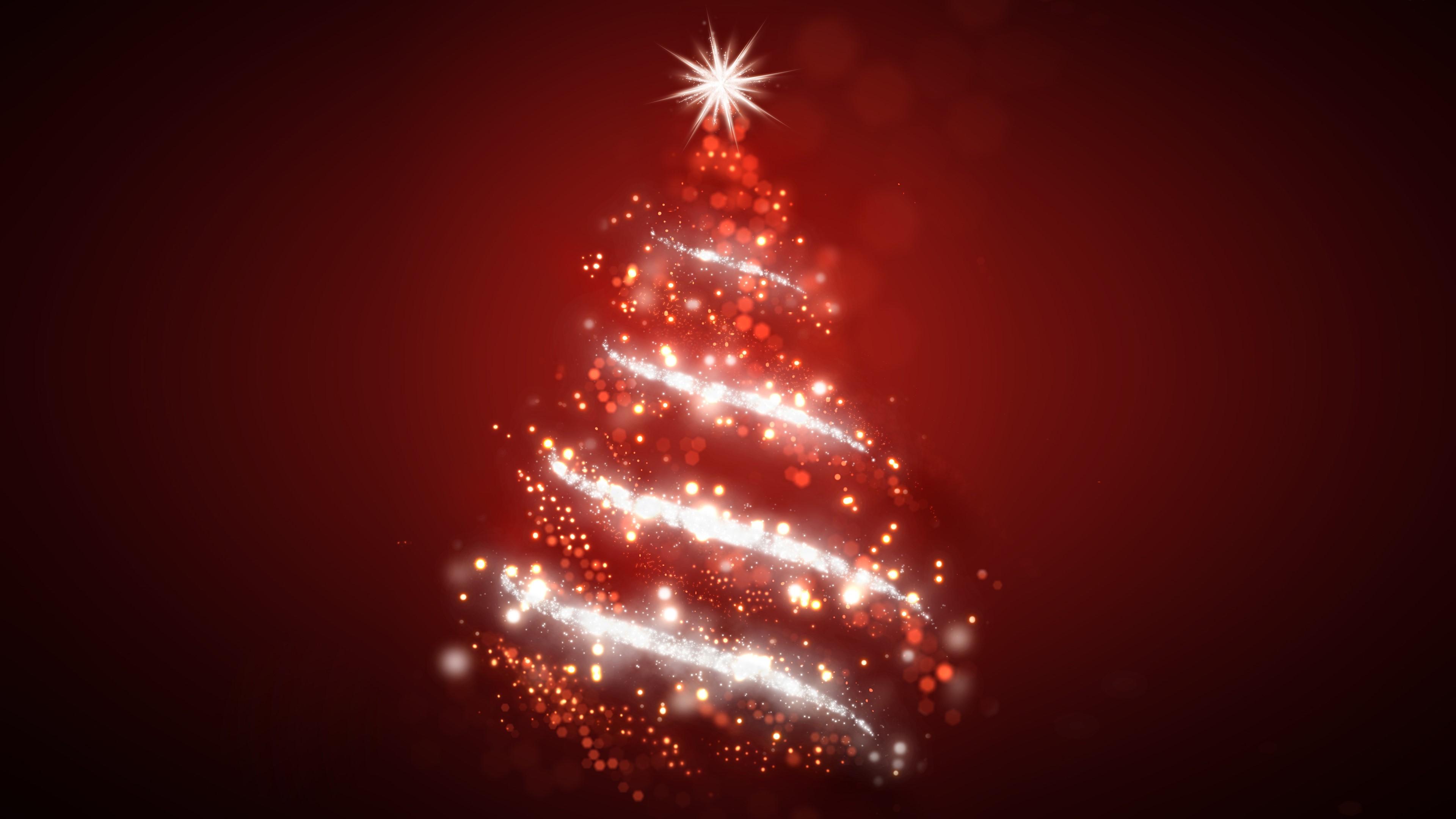 3840x2160 4K, Christmas Tree, vector, abstract, red background. Mocah HD Wallpaper