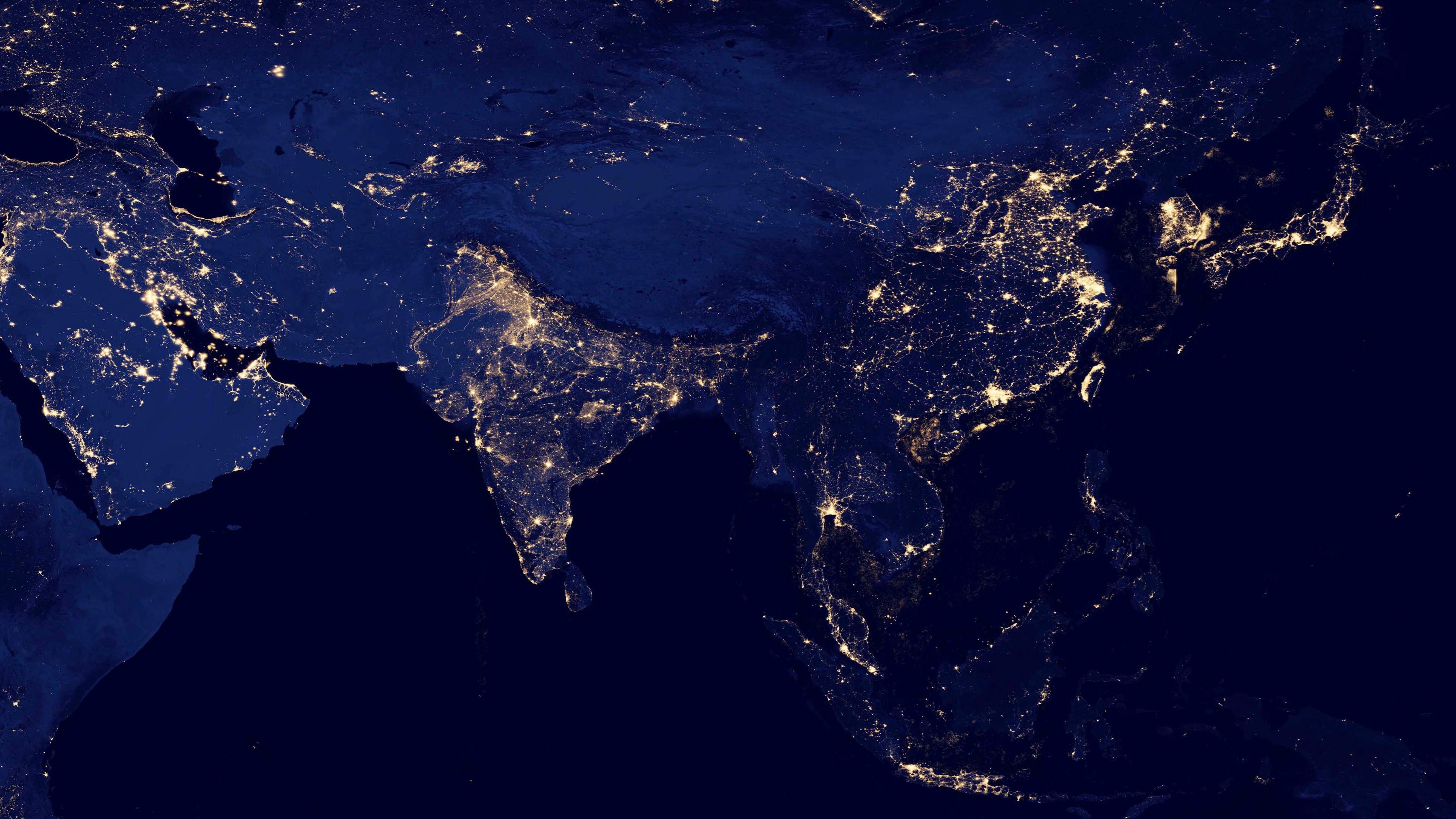 3840x2160 4K, Korean, India, Earth, continents, China, satellite imagery, Japan, Asia, night, world, city lights. Mocah HD Wallpaper