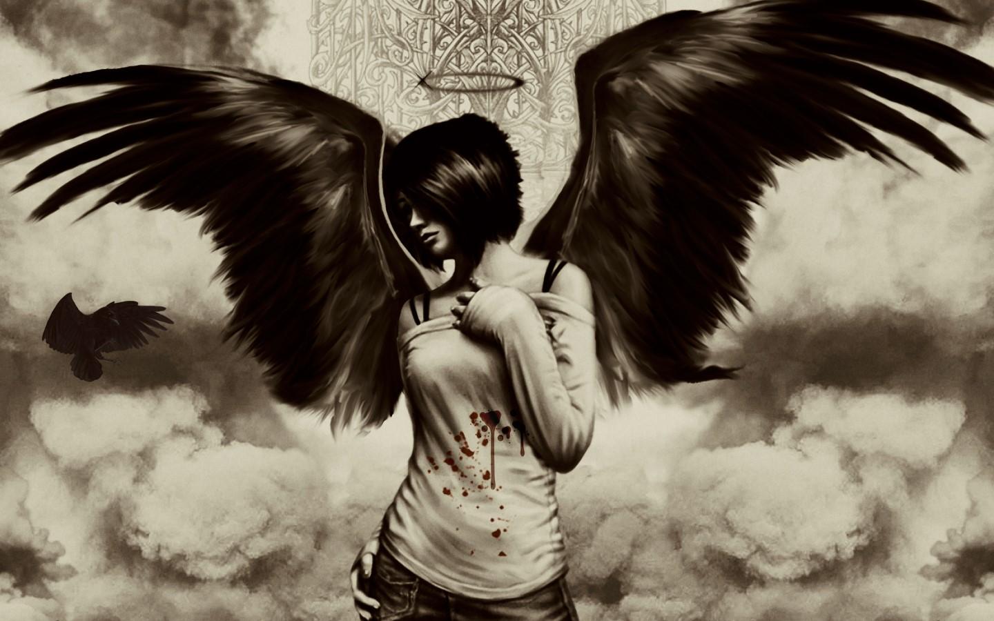 1440x900 angel, white, dark, black, wings. Mocah HD Wallpaper