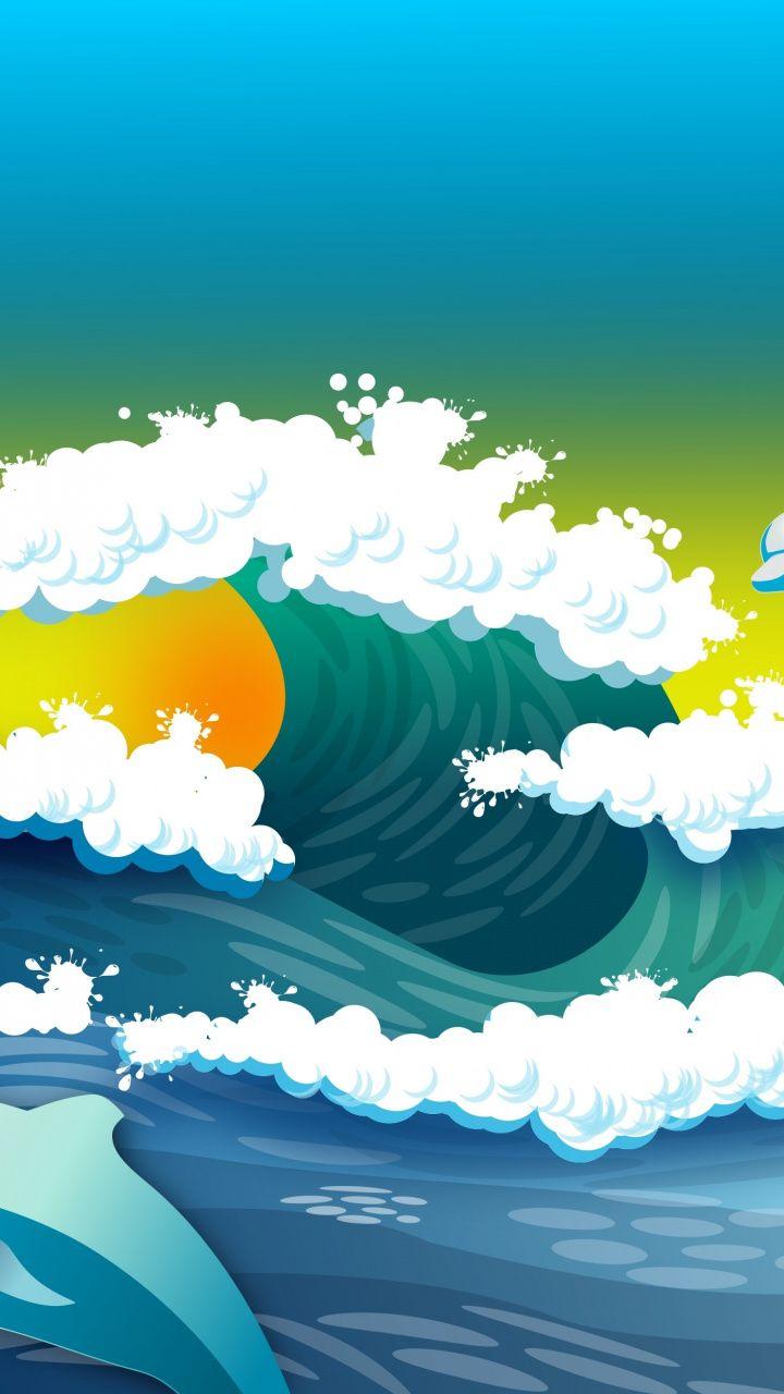 720x1280 Sea waves, dolphins, birds and fishes, digital art, 720x1280 wallpaper. Abstract art wallpaper, Art wallpaper, Wallpaper