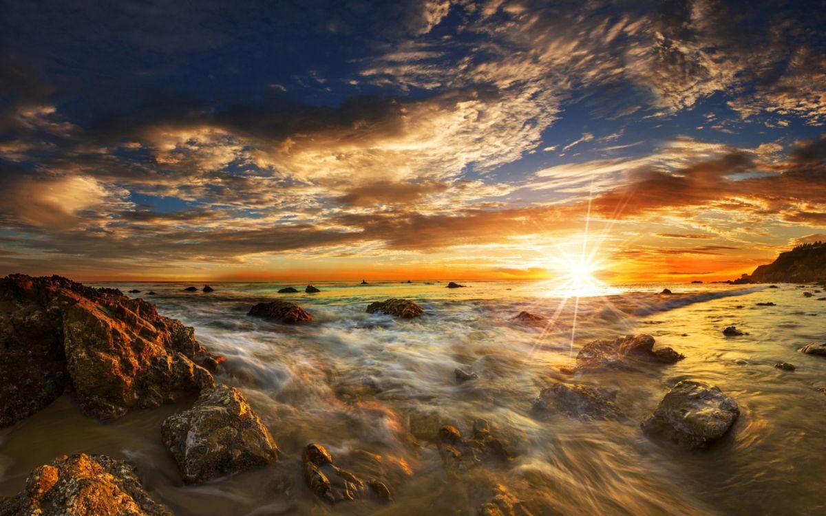 1200x750 Wallpaper Malibu Beach, Sunset, Sunrise, Amber, Horizon, Background Free Image
