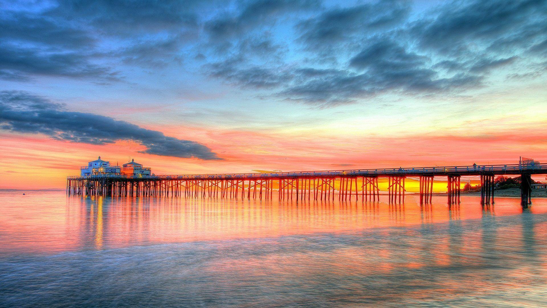 1920x1080 Malibu Pier At Sunset California Beach Sea Wallpaper HD :