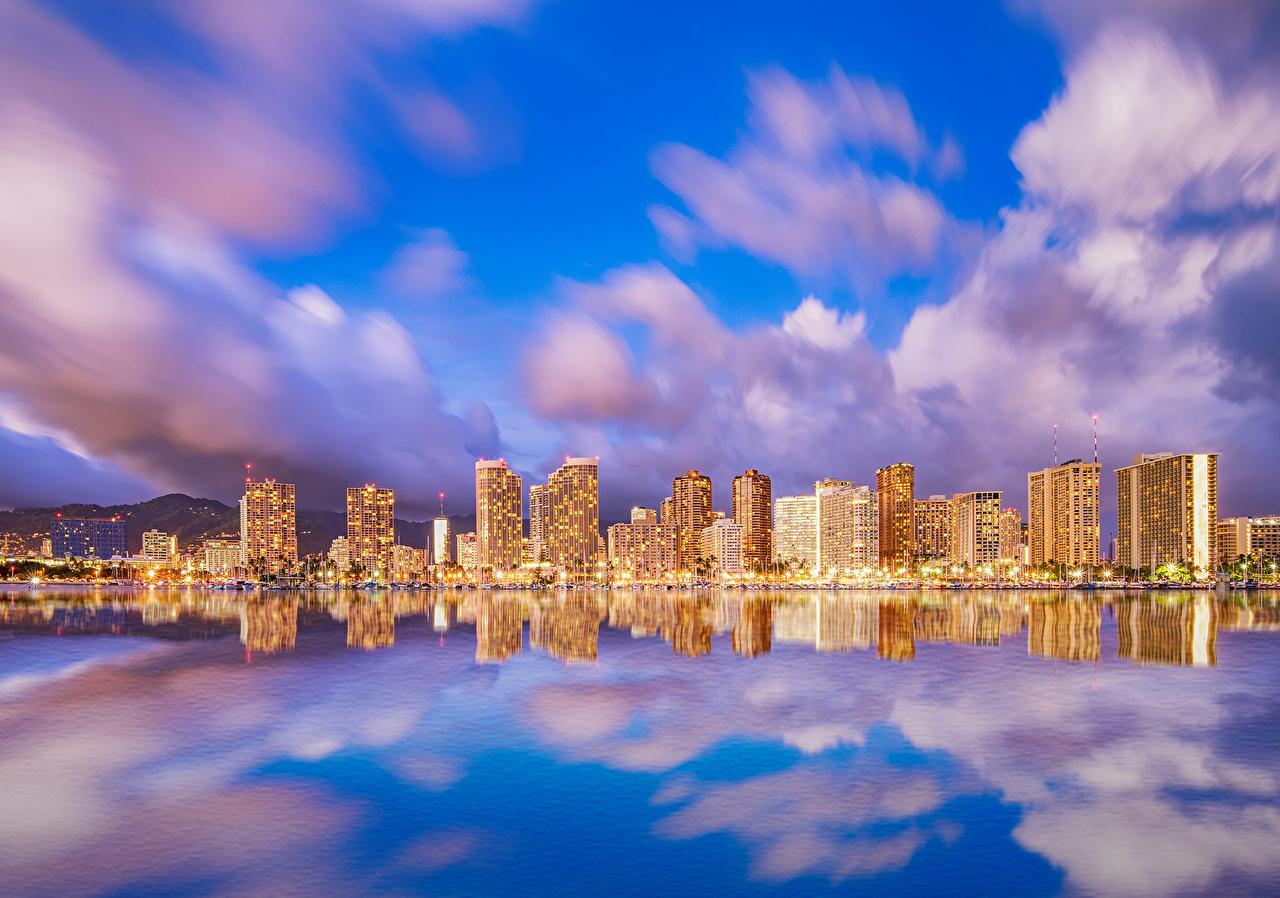1280x898 image Hawaii USA Waikiki Honolulu Sea Sky Houses Clouds Cities