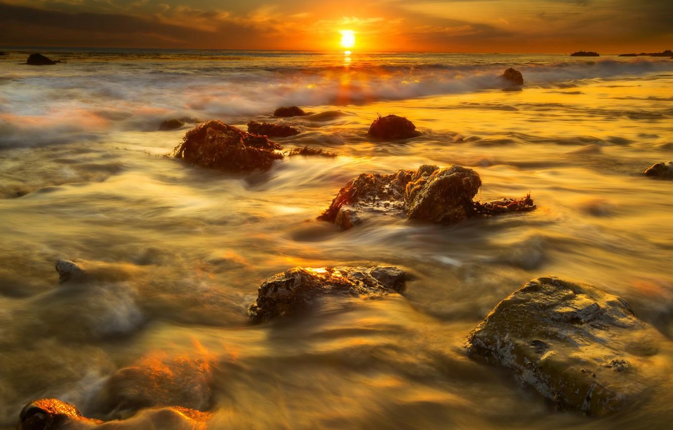 1332x850 Wallpaper beach, the sun, algae, sunset, stones, CA, Malibu image for desktop, section пейзажи